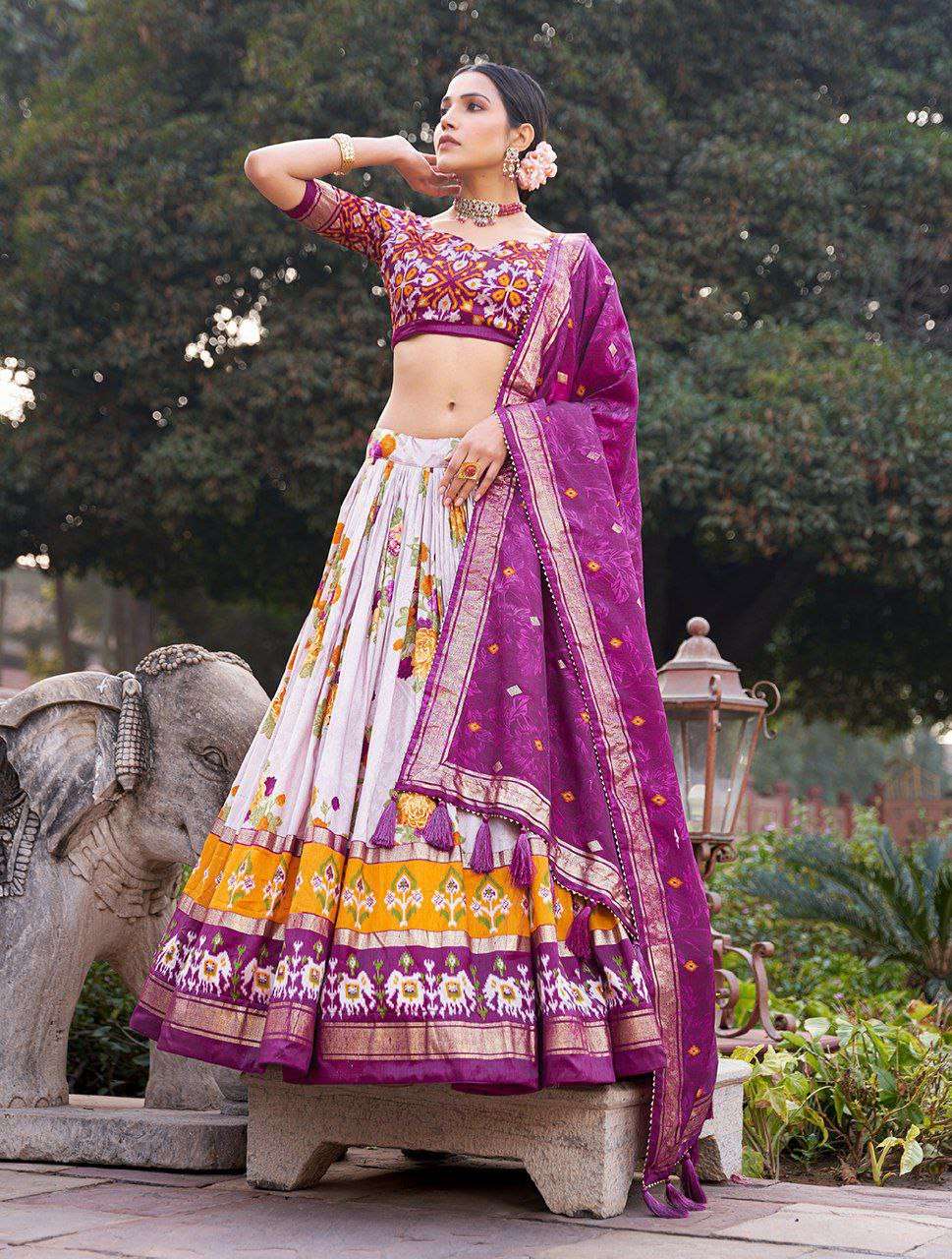 Women's Patola Print Tussar Silk Lehenga Choli Dupatta Set - Image 9