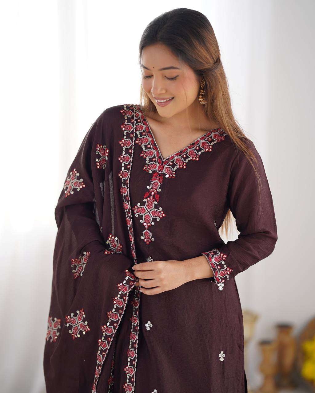 Women's Chinnon Silk Embroidery Sequence Work and Lace Work Straight Kurti With Pant and Dupatta - Image 11