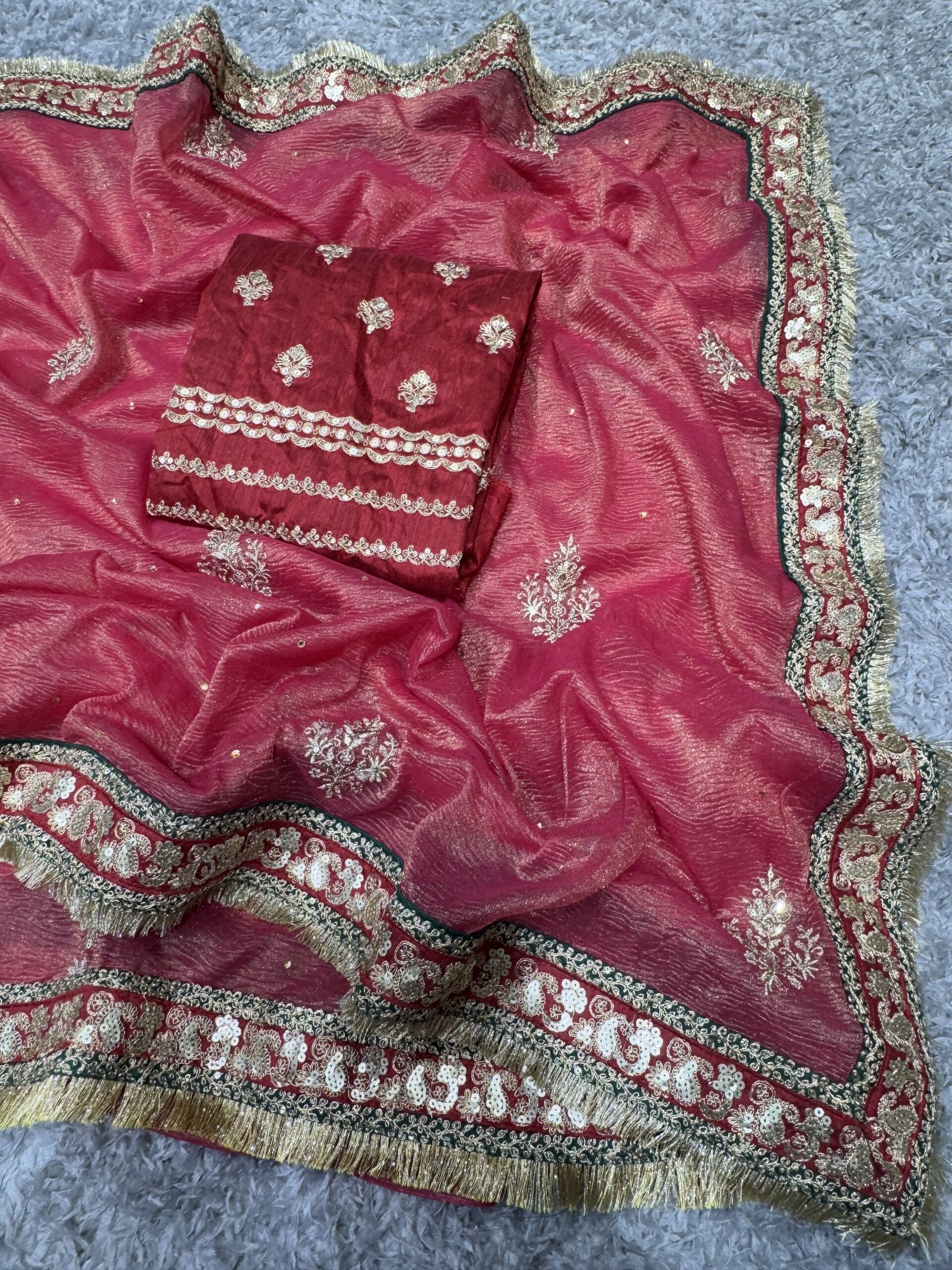 Women's Radiant Rani Pink Banarasi Crush Saree with Gota Patti & Sequin Embellished Border β Complete with Heavily Worked Blouse for Festive & Wedding Wear - Image 7