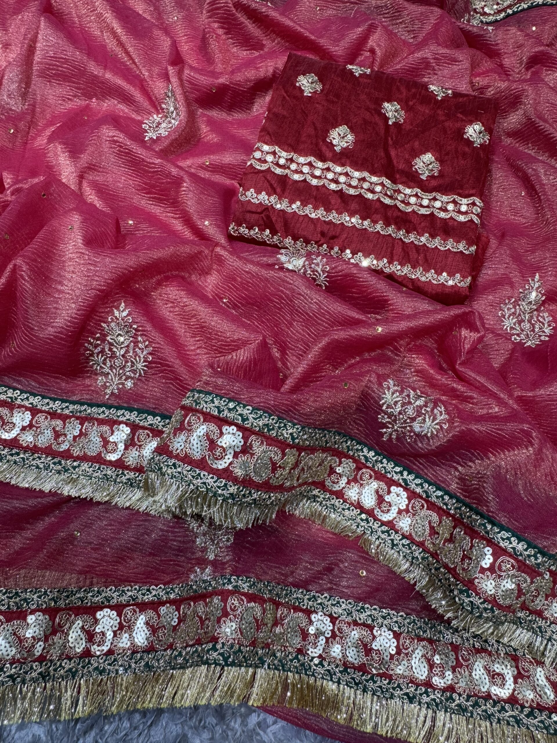 Women's Radiant Rani Pink Banarasi Crush Saree with Gota Patti & Sequin Embellished Border β Complete with Heavily Worked Blouse for Festive & Wedding Wear - Image 6