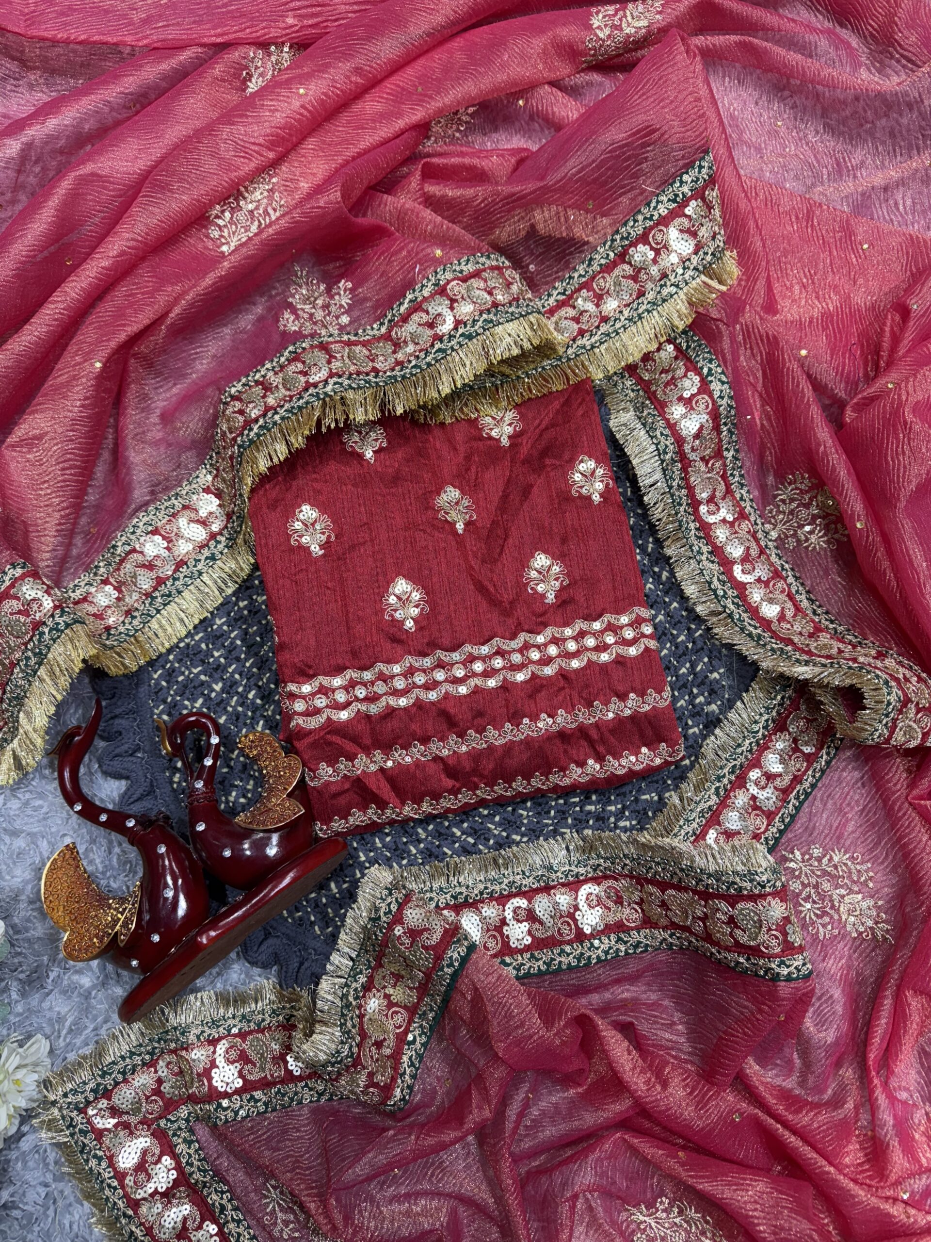 Women's Radiant Rani Pink Banarasi Crush Saree with Gota Patti & Sequin Embellished Border β Complete with Heavily Worked Blouse for Festive & Wedding Wear - Image 2