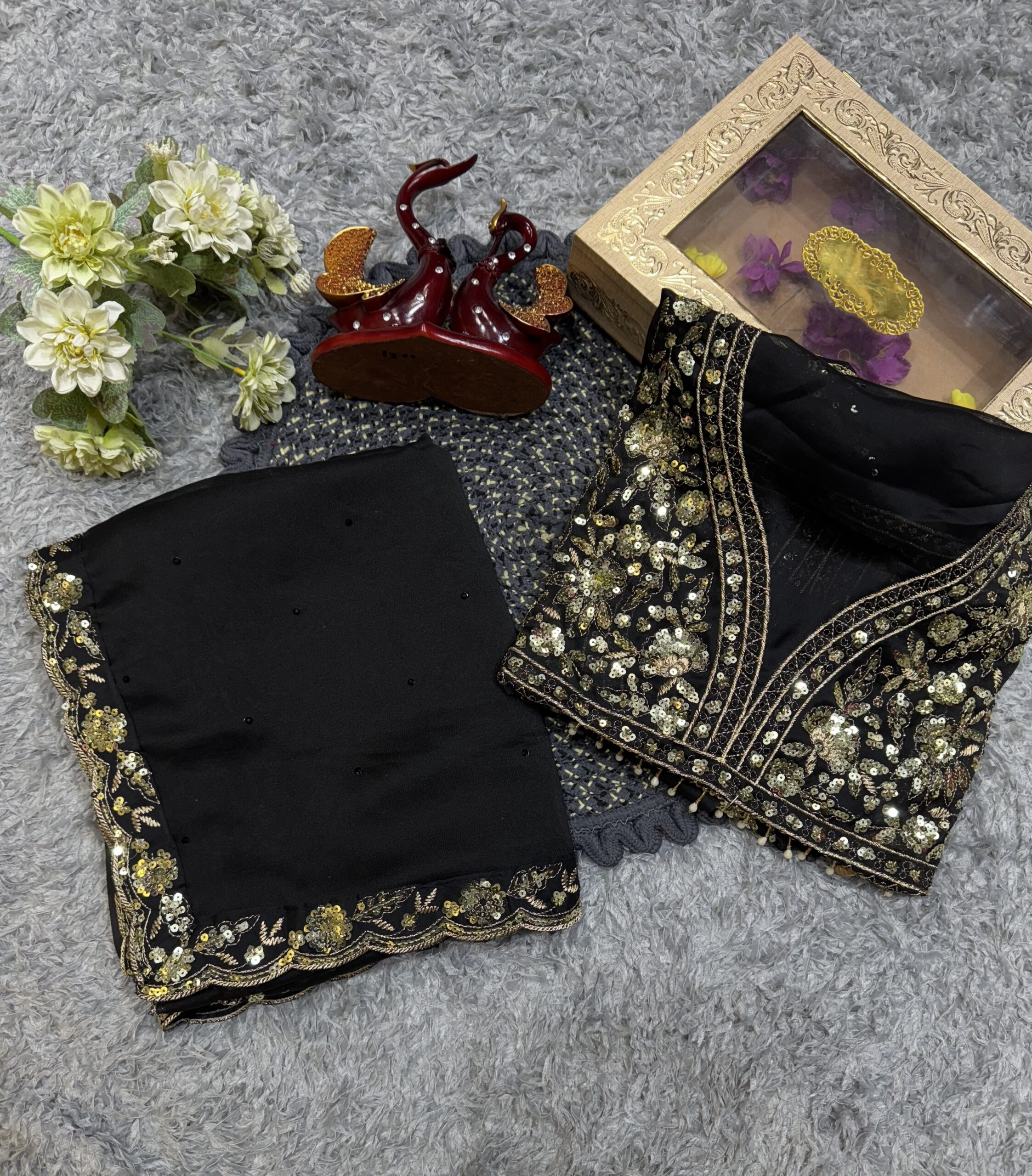 Women's Elegant Black Georgette/Chiffon Saree with Intricate Gold & Silver Embellished Border β Paired with Heavy Sequin & Zari Work Blouse for Festive & Wedding Wear - Image 9