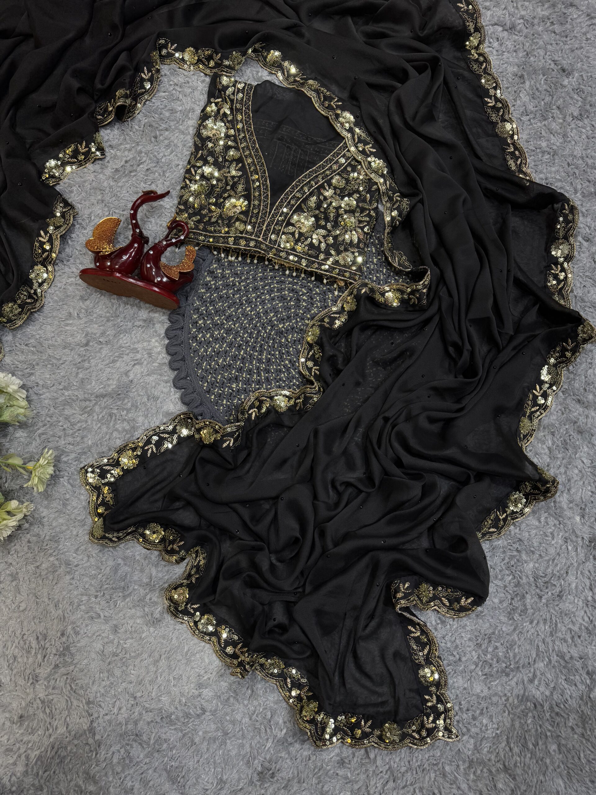 Women's Elegant Black Georgette/Chiffon Saree with Intricate Gold & Silver Embellished Border β Paired with Heavy Sequin & Zari Work Blouse for Festive & Wedding Wear - Image 8