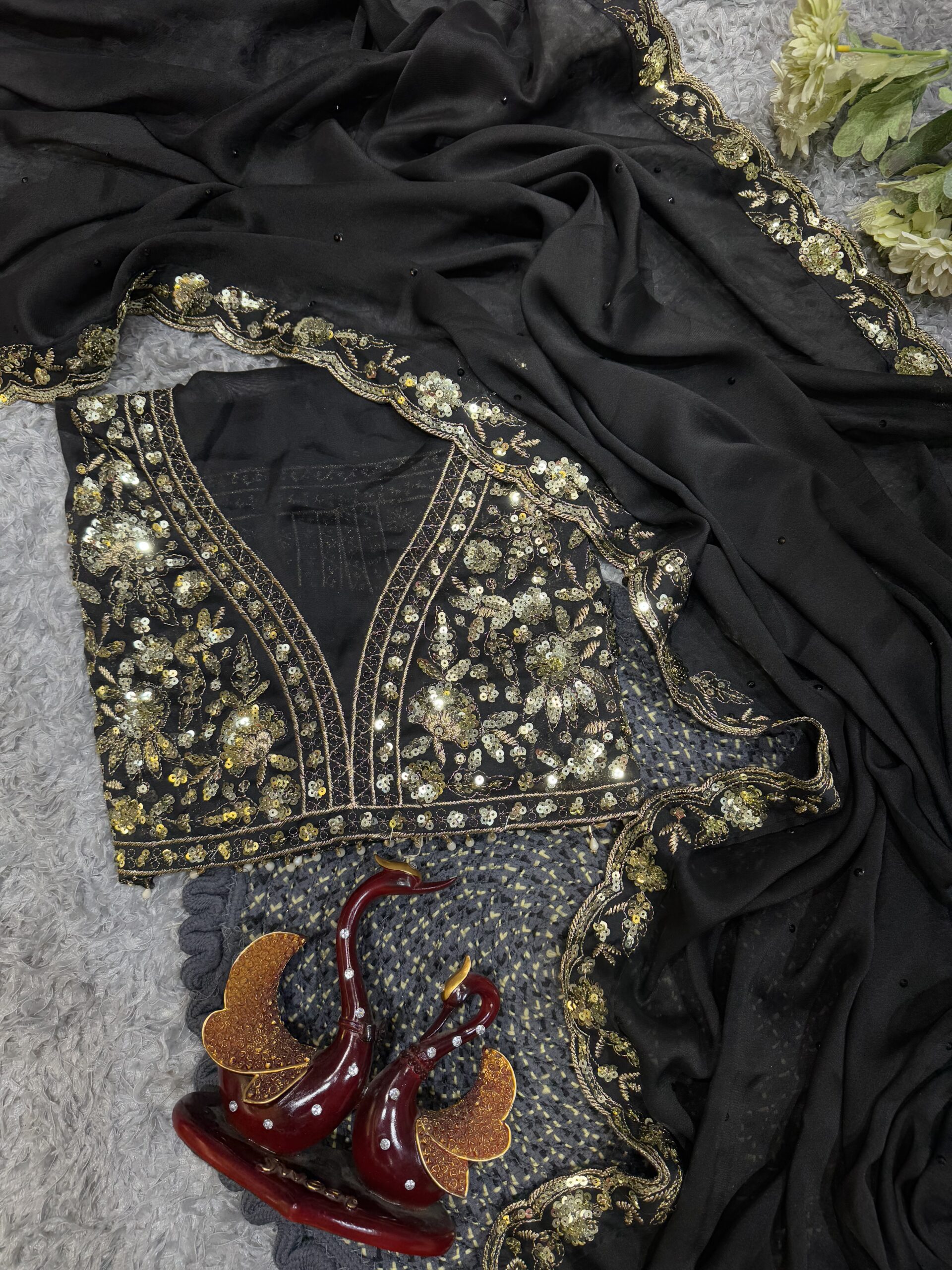 Women's Elegant Black Georgette/Chiffon Saree with Intricate Gold & Silver Embellished Border β Paired with Heavy Sequin & Zari Work Blouse for Festive & Wedding Wear - Image 7