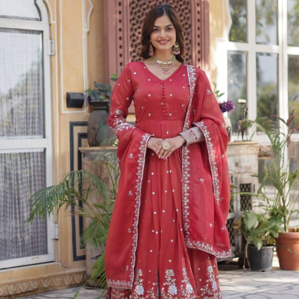 Women's Cotton Embroidered Anarkali Gown With Dupatta Set β Festive Wear