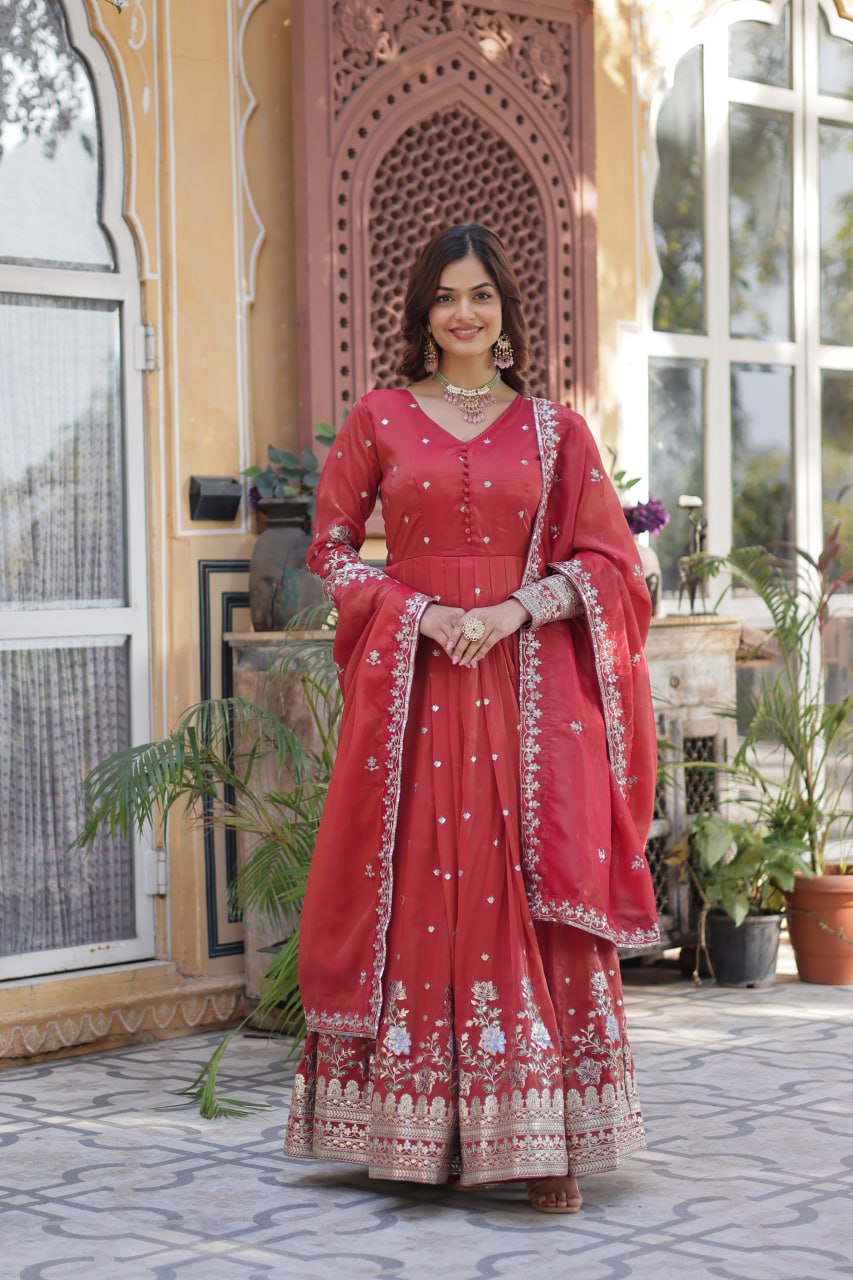 Women's Cotton Embroidered Anarkali Gown With Dupatta Set β Festive Wear