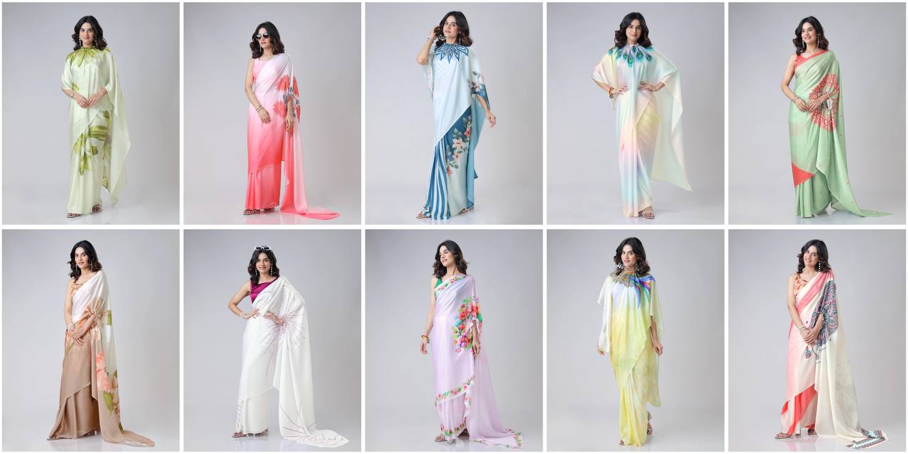 Women's Modern Dual-Tone Peach & Off-White Satin Silk Kaftan Saree with Digital Print Neck Design