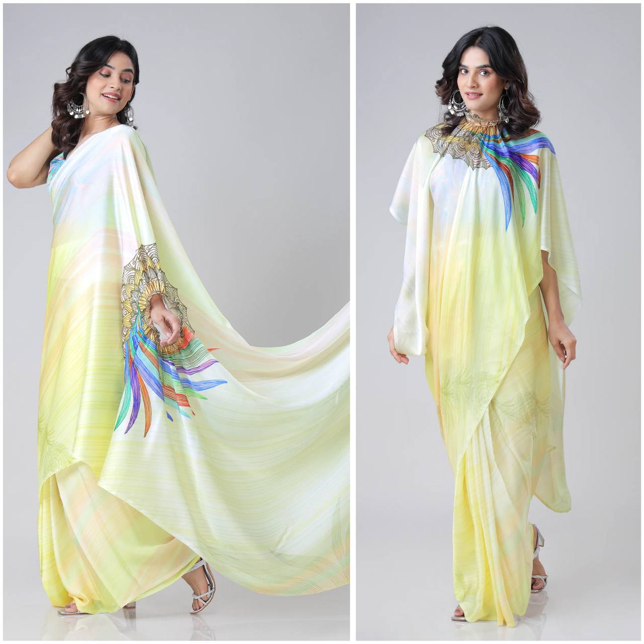 Women's Modern Dual-Tone Peach & Off-White Satin Silk Kaftan Saree with Digital Print Neck Design - Image 17