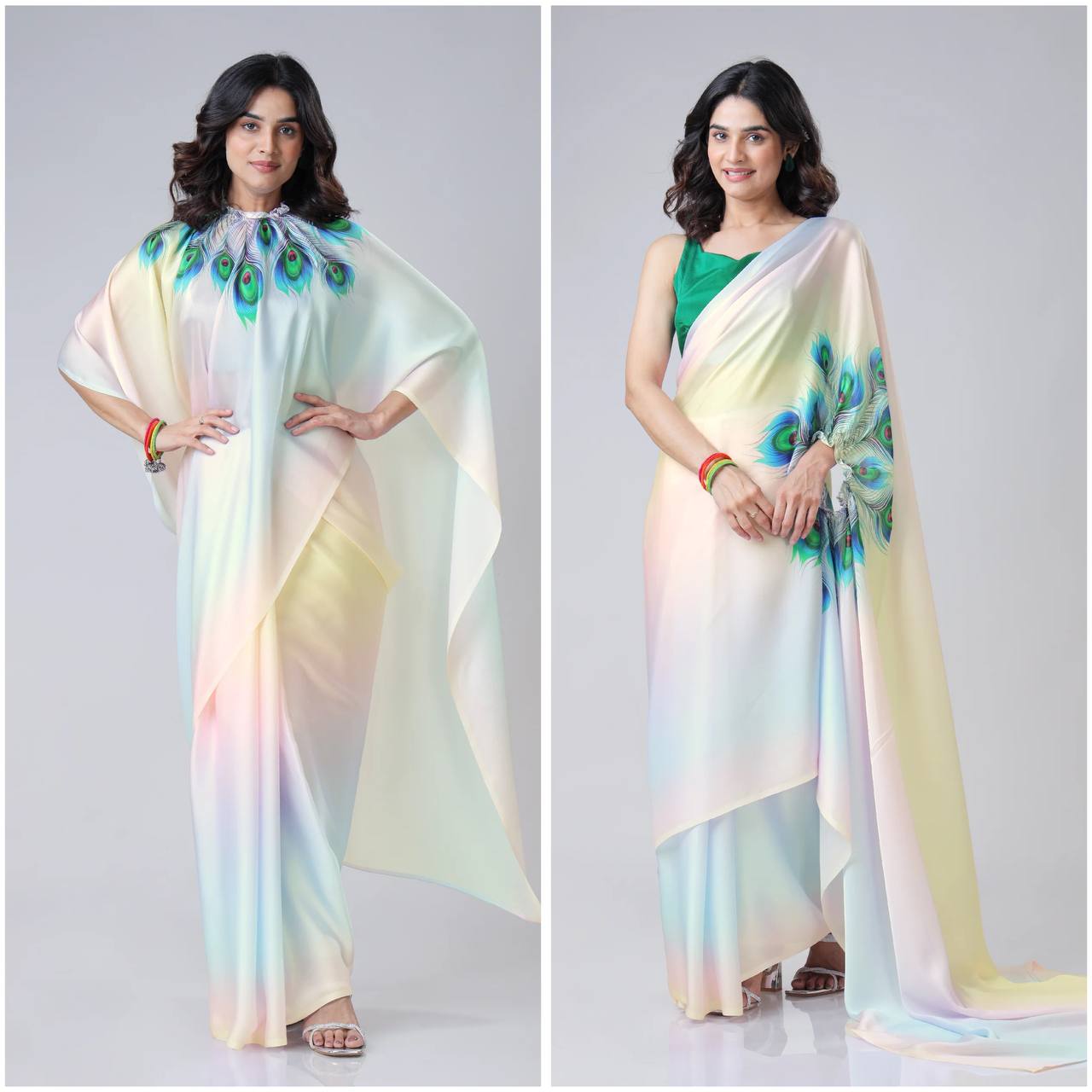 Women's Modern Dual-Tone Peach & Off-White Satin Silk Kaftan Saree with Digital Print Neck Design - Image 12