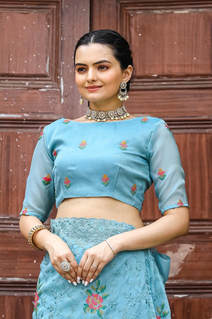 Women's Elegant Sage Green Georgette Saree with Delicate Floral Embroidery & Sequin Work β Perfect for Summer Festivities & Day Events - Image 21