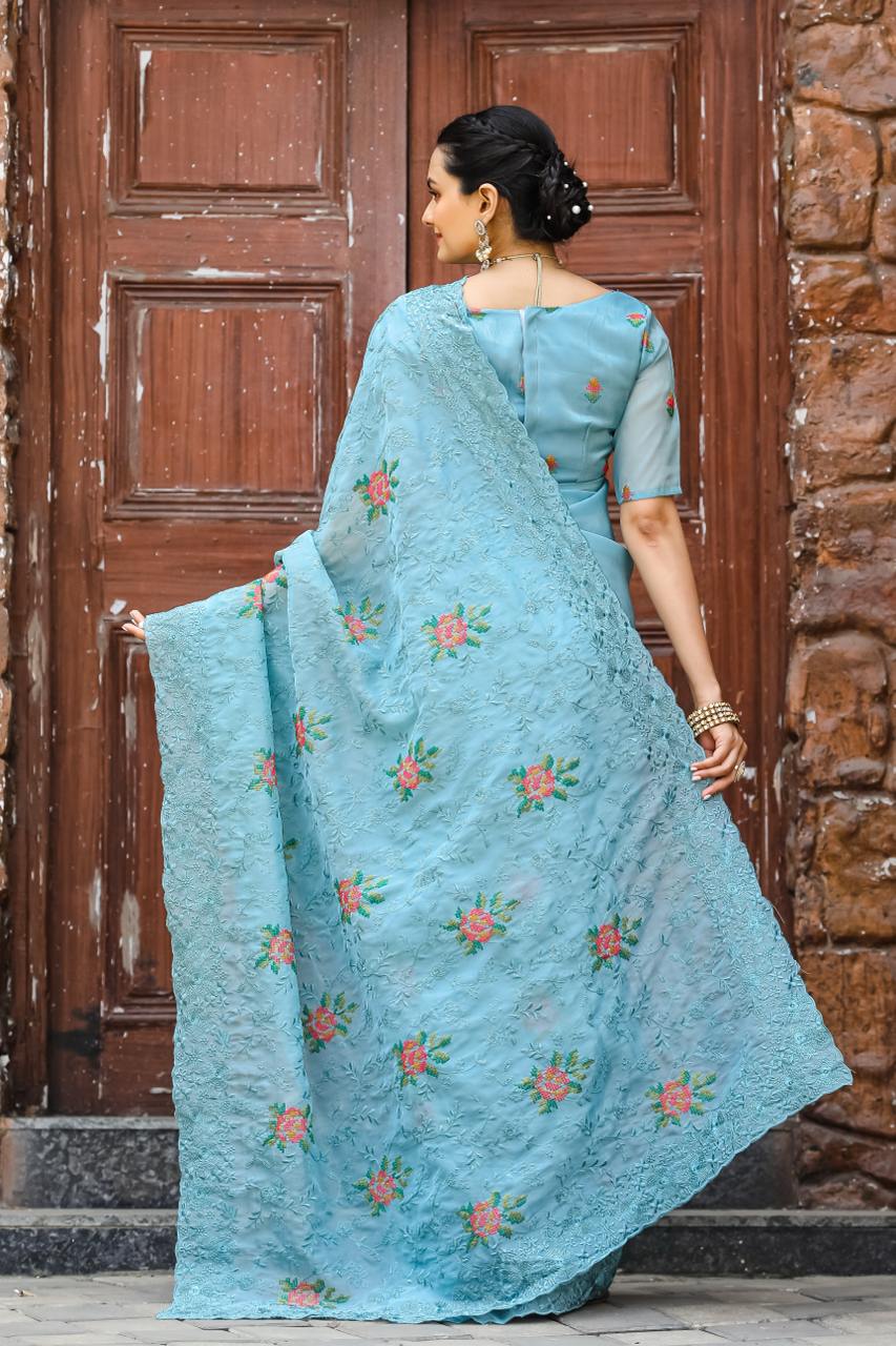 Women's Elegant Sage Green Georgette Saree with Delicate Floral Embroidery & Sequin Work β Perfect for Summer Festivities & Day Events - Image 18