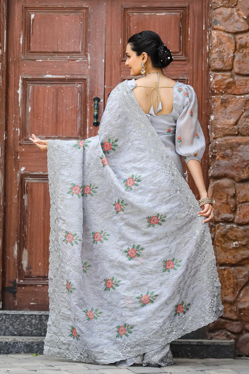Women's Elegant Sage Green Georgette Saree with Delicate Floral Embroidery & Sequin Work β Perfect for Summer Festivities & Day Events - Image 14