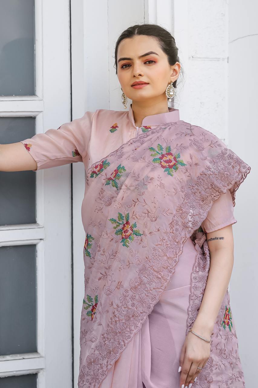 Women's Elegant Sage Green Georgette Saree with Delicate Floral Embroidery & Sequin Work β Perfect for Summer Festivities & Day Events - Image 10