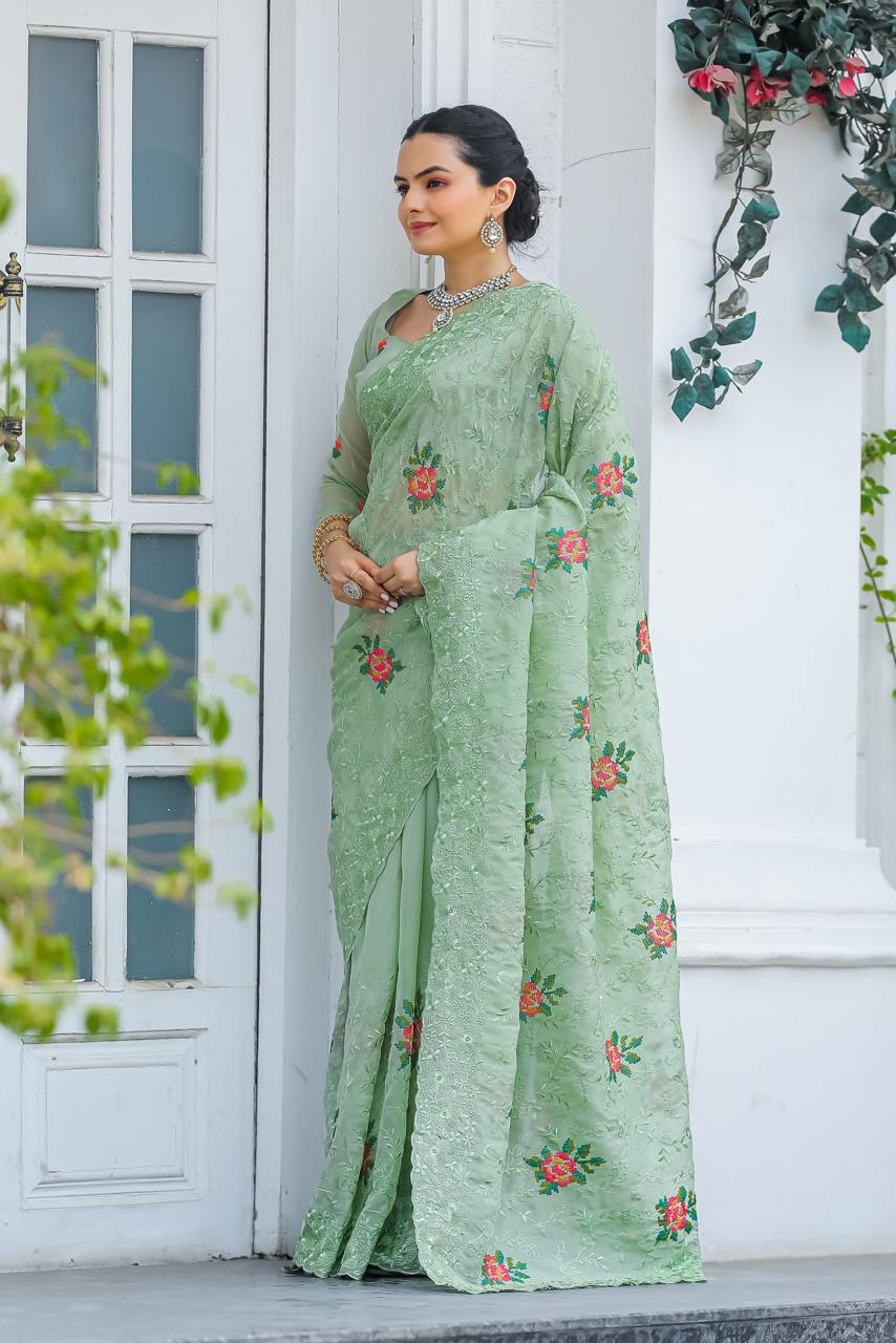 Women's Elegant Sage Green Georgette Saree with Delicate Floral Embroidery & Sequin Work β Perfect for Summer Festivities & Day Events - Image 8