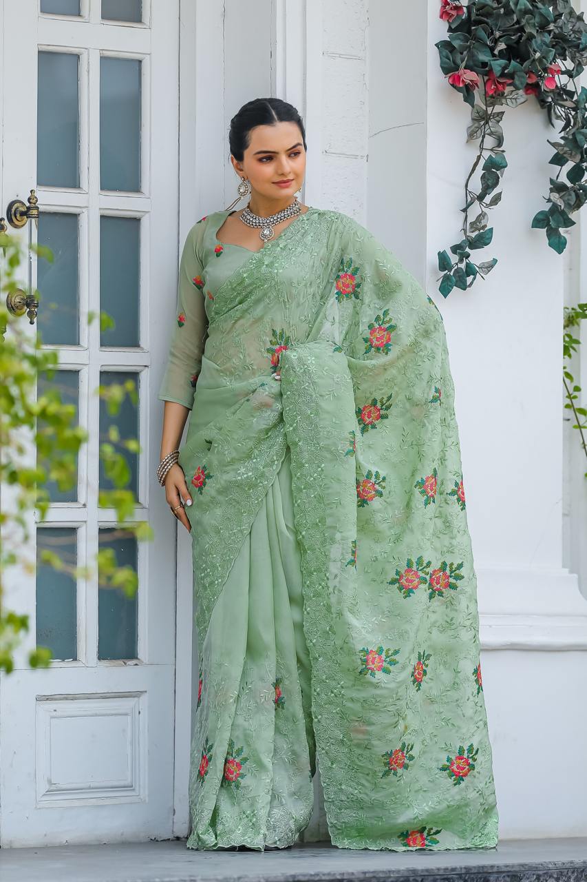 Women's Elegant Sage Green Georgette Saree with Delicate Floral Embroidery & Sequin Work β Perfect for Summer Festivities & Day Events - Image 7