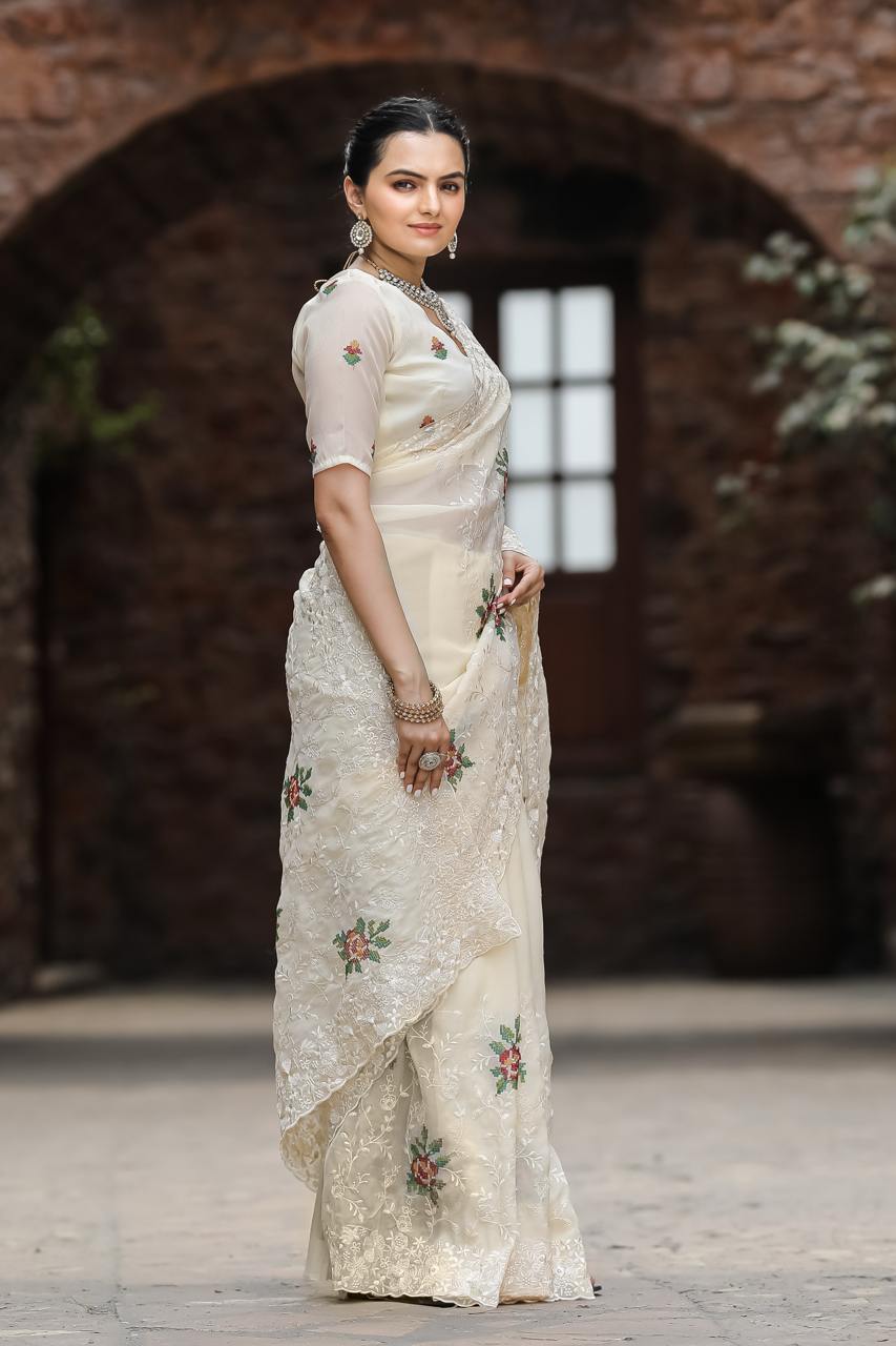 Women's Elegant Sage Green Georgette Saree with Delicate Floral Embroidery & Sequin Work β Perfect for Summer Festivities & Day Events - Image 5