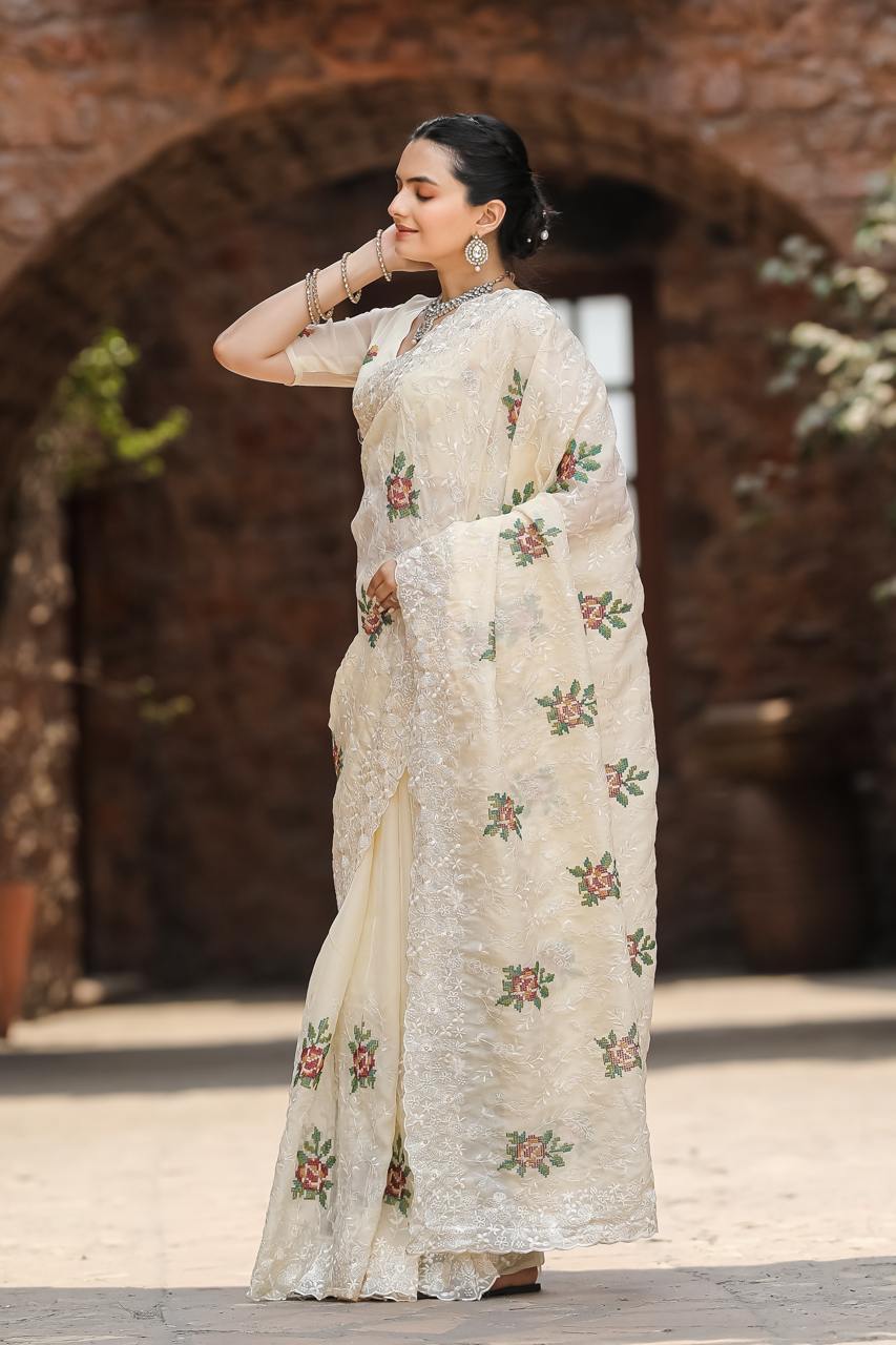 Women's Elegant Sage Green Georgette Saree with Delicate Floral Embroidery & Sequin Work β Perfect for Summer Festivities & Day Events - Image 4