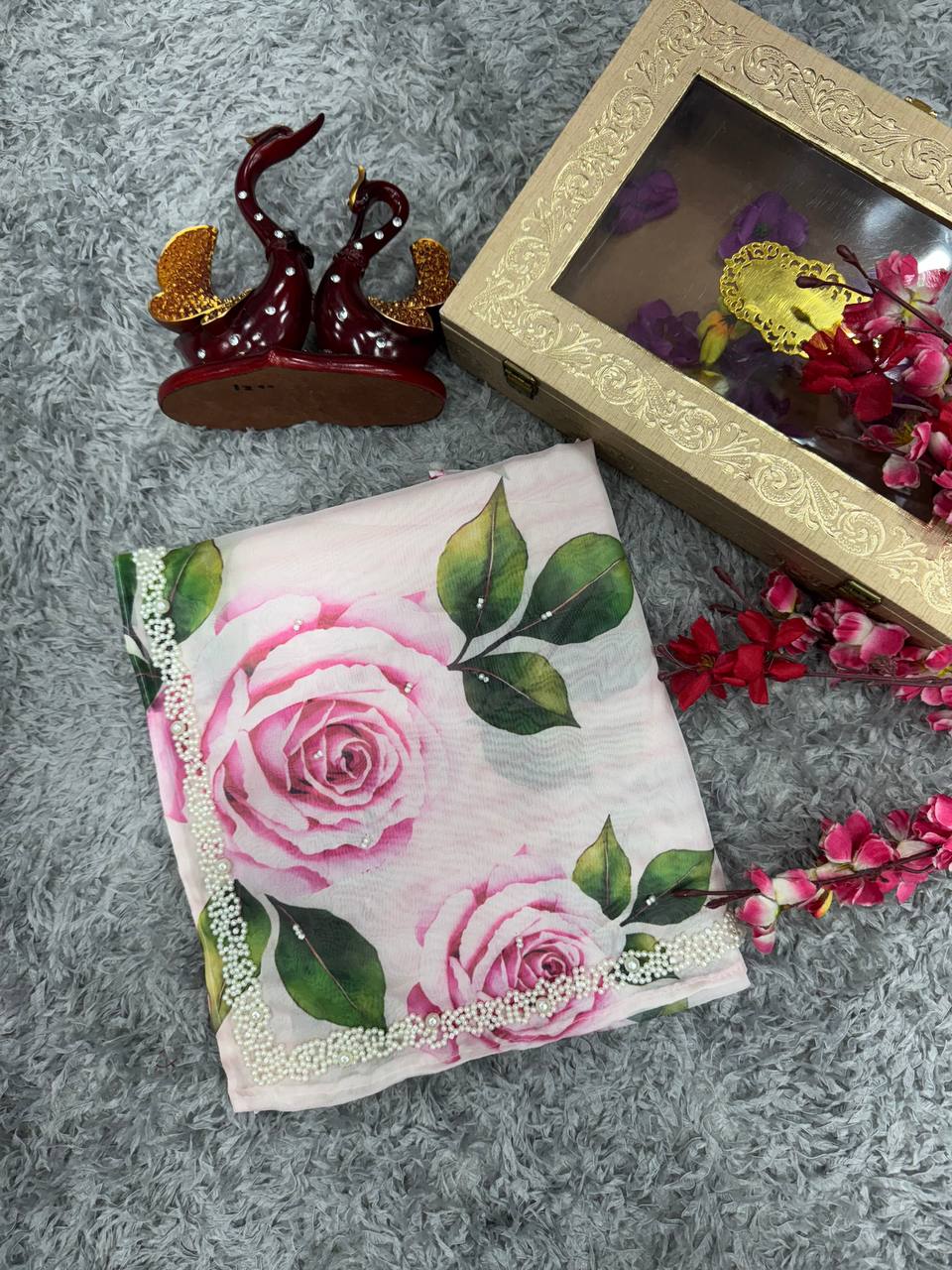 Women's Elegant White Organza Saree with Hand-Painted Pink Rose Floral Print β Complete with Matching Blouse for Day & Festive Wear - Image 3