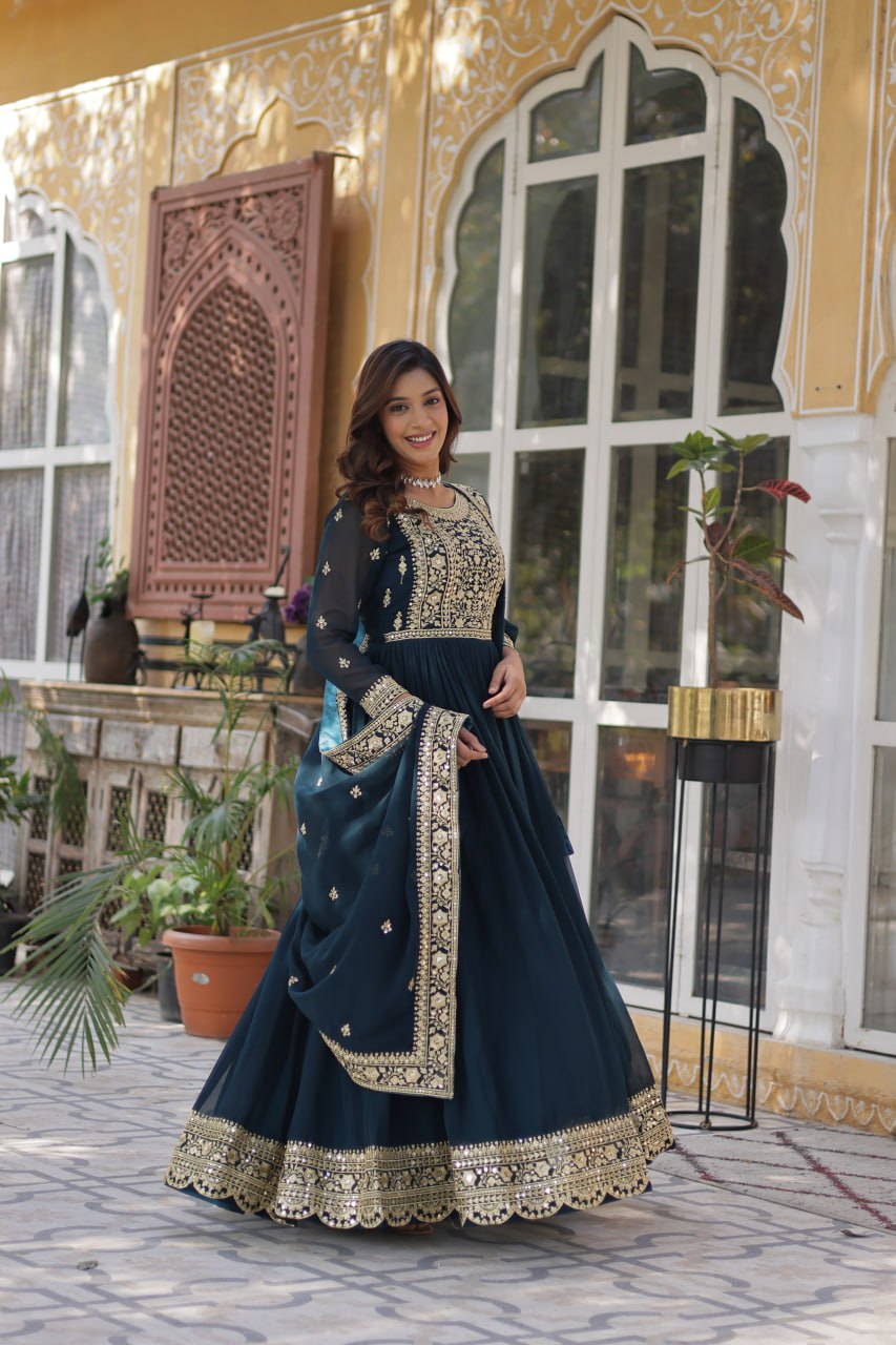 Women's Cotton Embroidered Anarkali Gown with Dupatta - Image 11