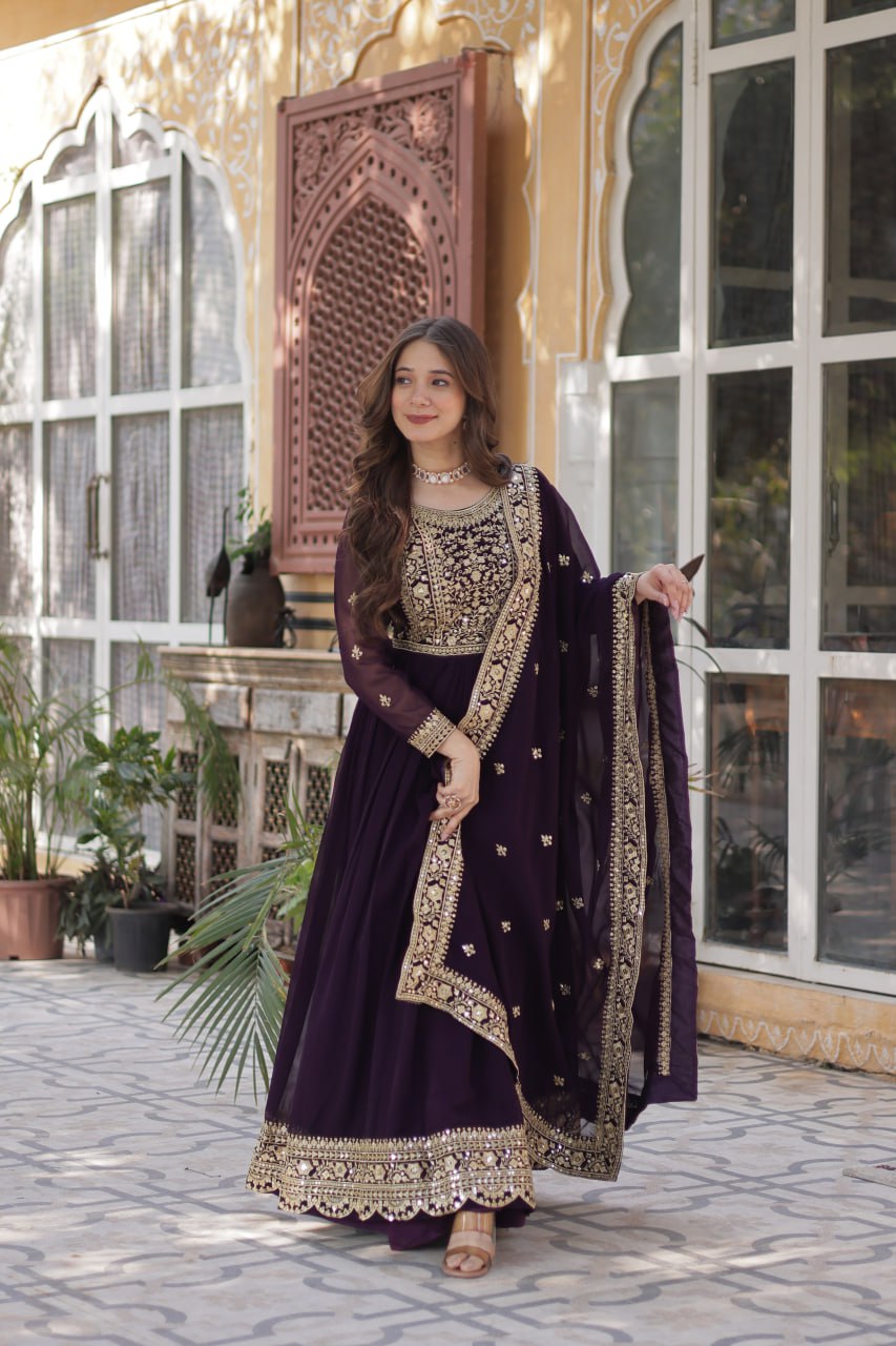 Women's Cotton Embroidered Anarkali Gown with Dupatta - Image 16