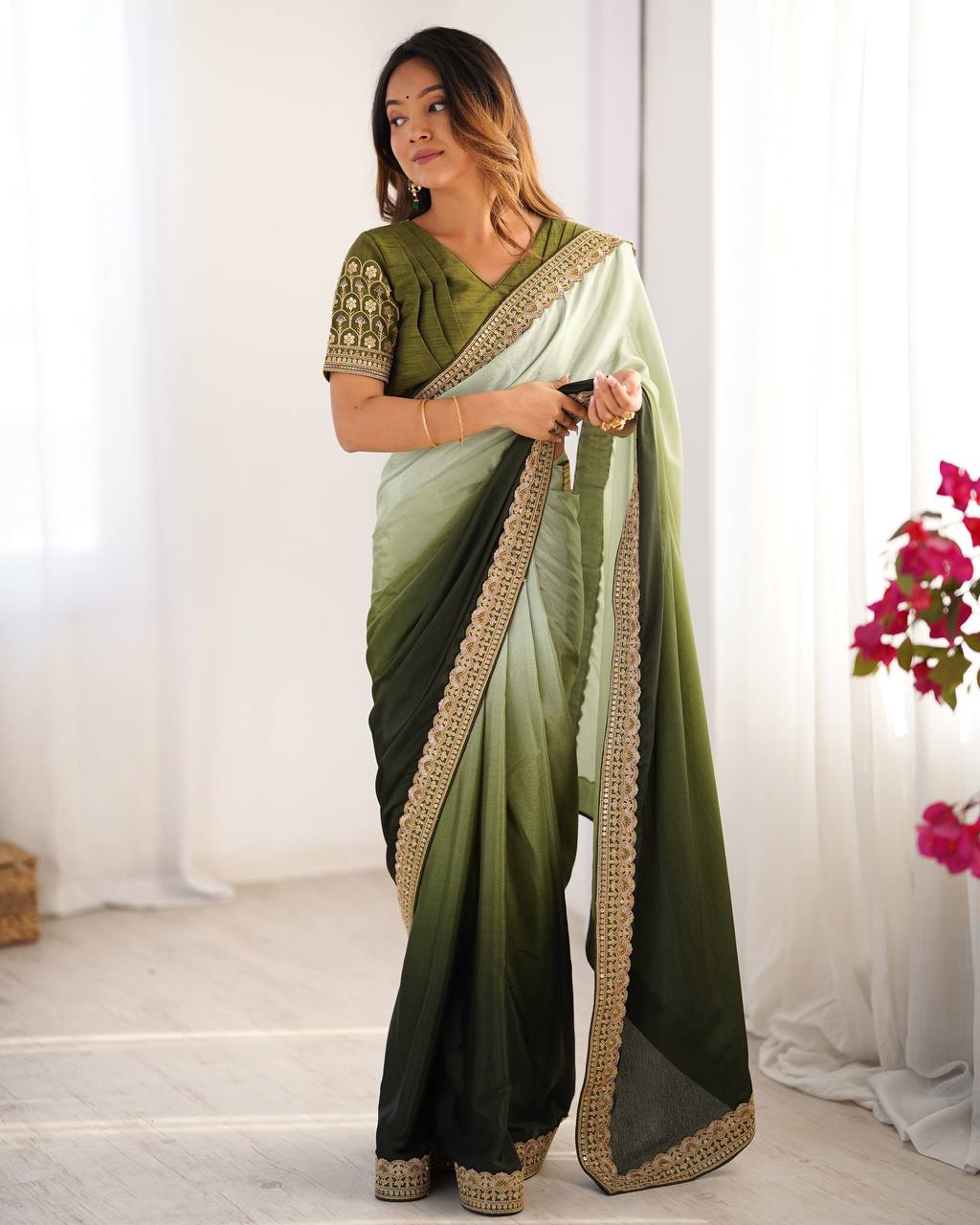 Women's Elegant Ombre Green Georgette Saree with Intricate Golden Zari & Stone Embellishments β Complete with Heavily Worked Blouse for Festive & Wedding Wear - Image 29