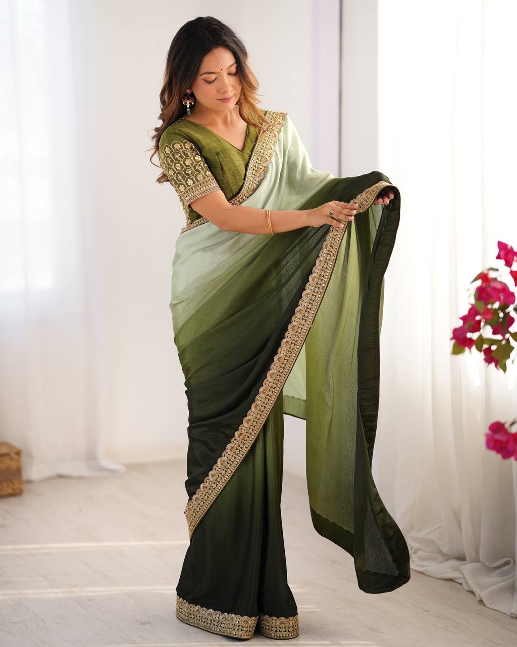 Women's Elegant Ombre Green Georgette Saree with Intricate Golden Zari & Stone Embellishments β Complete with Heavily Worked Blouse for Festive & Wedding Wear - Image 28