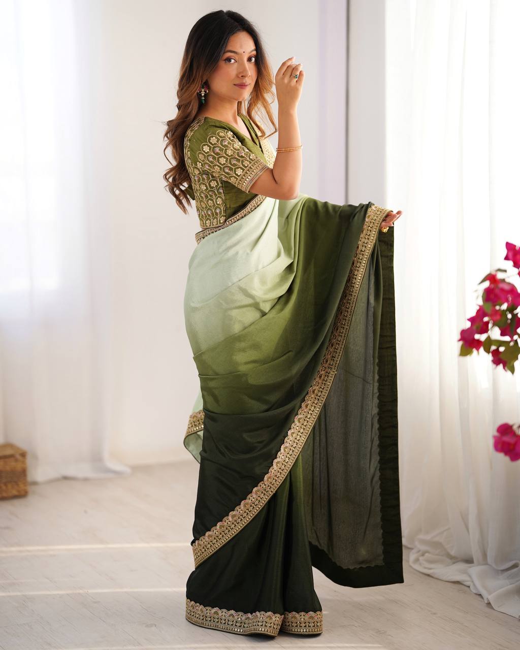Women's Elegant Ombre Green Georgette Saree with Intricate Golden Zari & Stone Embellishments β Complete with Heavily Worked Blouse for Festive & Wedding Wear - Image 27