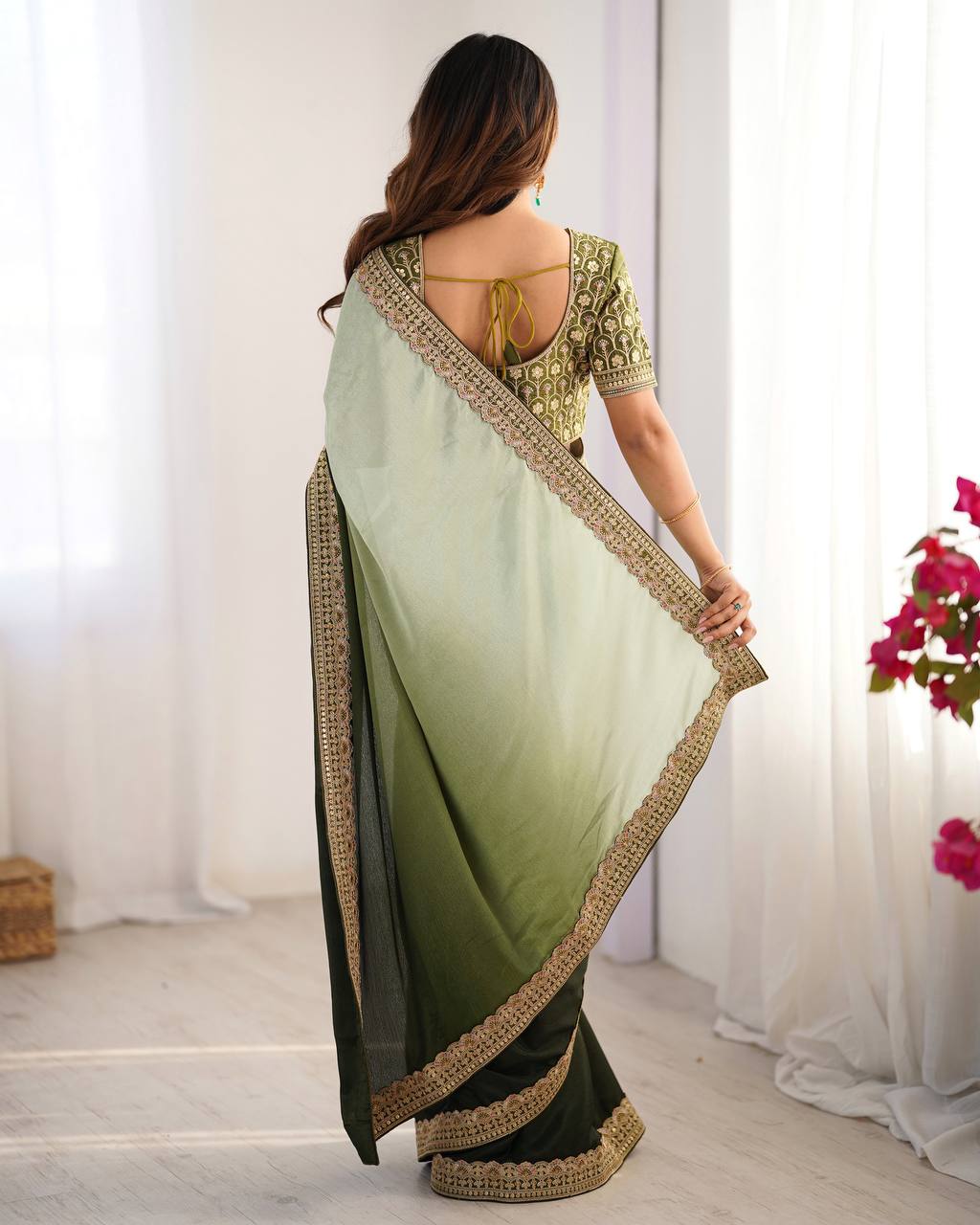 Women's Elegant Ombre Green Georgette Saree with Intricate Golden Zari & Stone Embellishments β Complete with Heavily Worked Blouse for Festive & Wedding Wear - Image 26