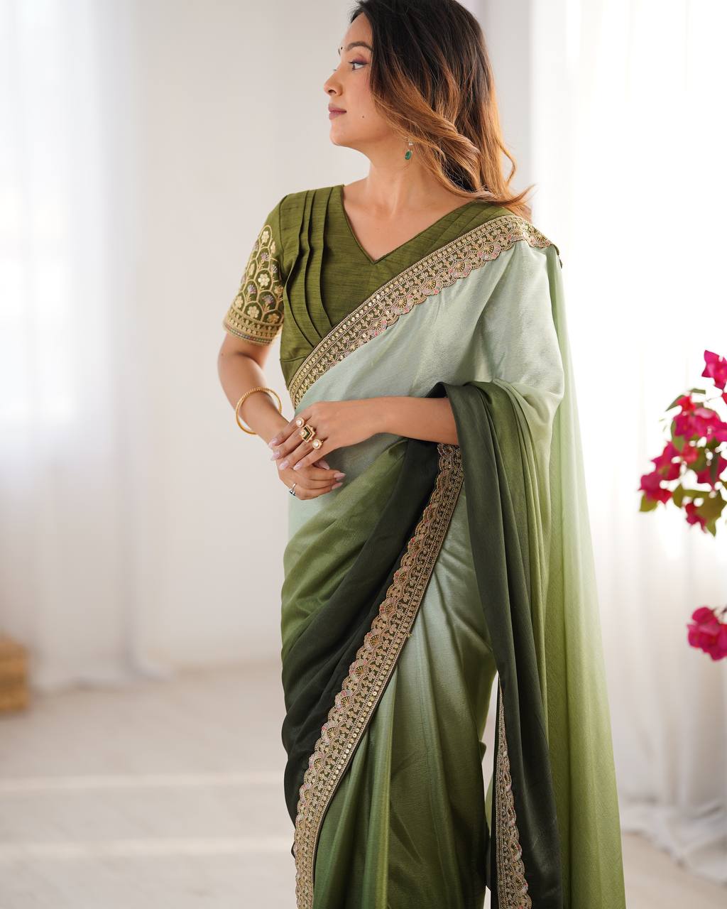 Women's Elegant Ombre Green Georgette Saree with Intricate Golden Zari & Stone Embellishments β Complete with Heavily Worked Blouse for Festive & Wedding Wear - Image 25