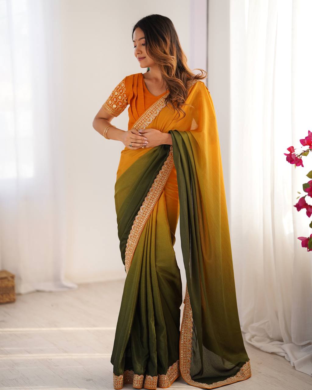 Women's Elegant Ombre Green Georgette Saree with Intricate Golden Zari & Stone Embellishments β Complete with Heavily Worked Blouse for Festive & Wedding Wear - Image 19