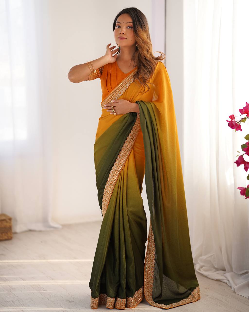 Women's Elegant Ombre Green Georgette Saree with Intricate Golden Zari & Stone Embellishments β Complete with Heavily Worked Blouse for Festive & Wedding Wear - Image 18