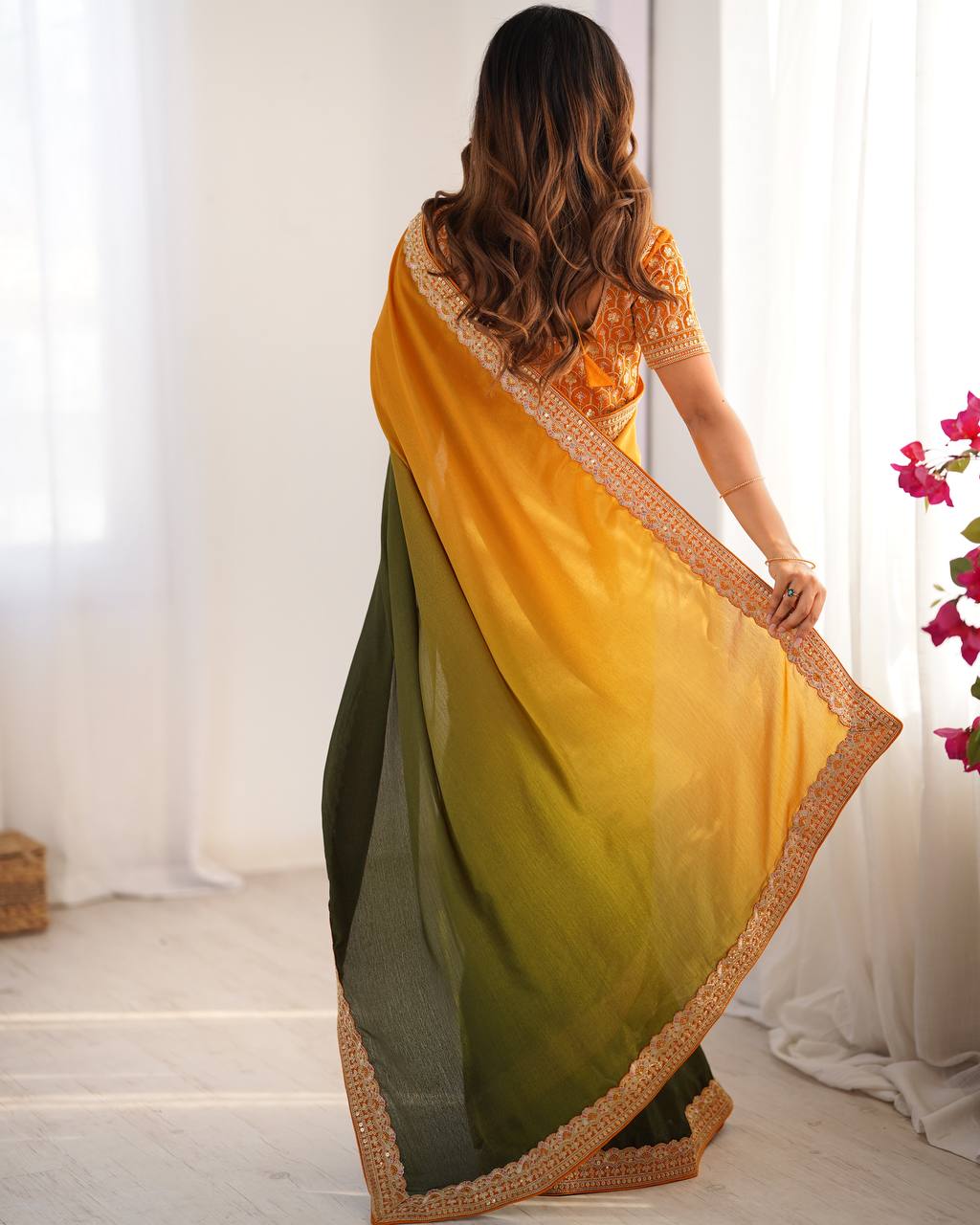 Women's Elegant Ombre Green Georgette Saree with Intricate Golden Zari & Stone Embellishments β Complete with Heavily Worked Blouse for Festive & Wedding Wear - Image 16
