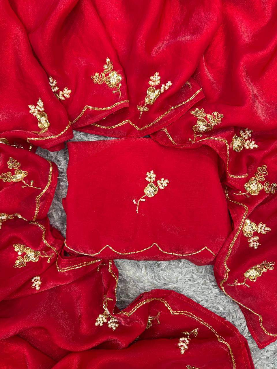 Women's Radiant Red Pure Organza Saree with Intricate Gold Zari, Sequin & Pearl Work - Ideal for Festive & Wedding Occasions - Image 7