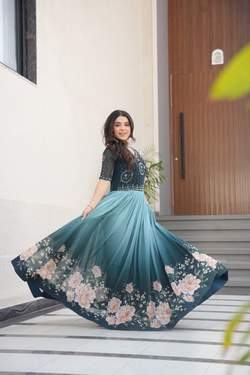 Women's Cotton Floral Printed Anarkali Gown Dress with Embellished Bodice β Party Wear - Image 25
