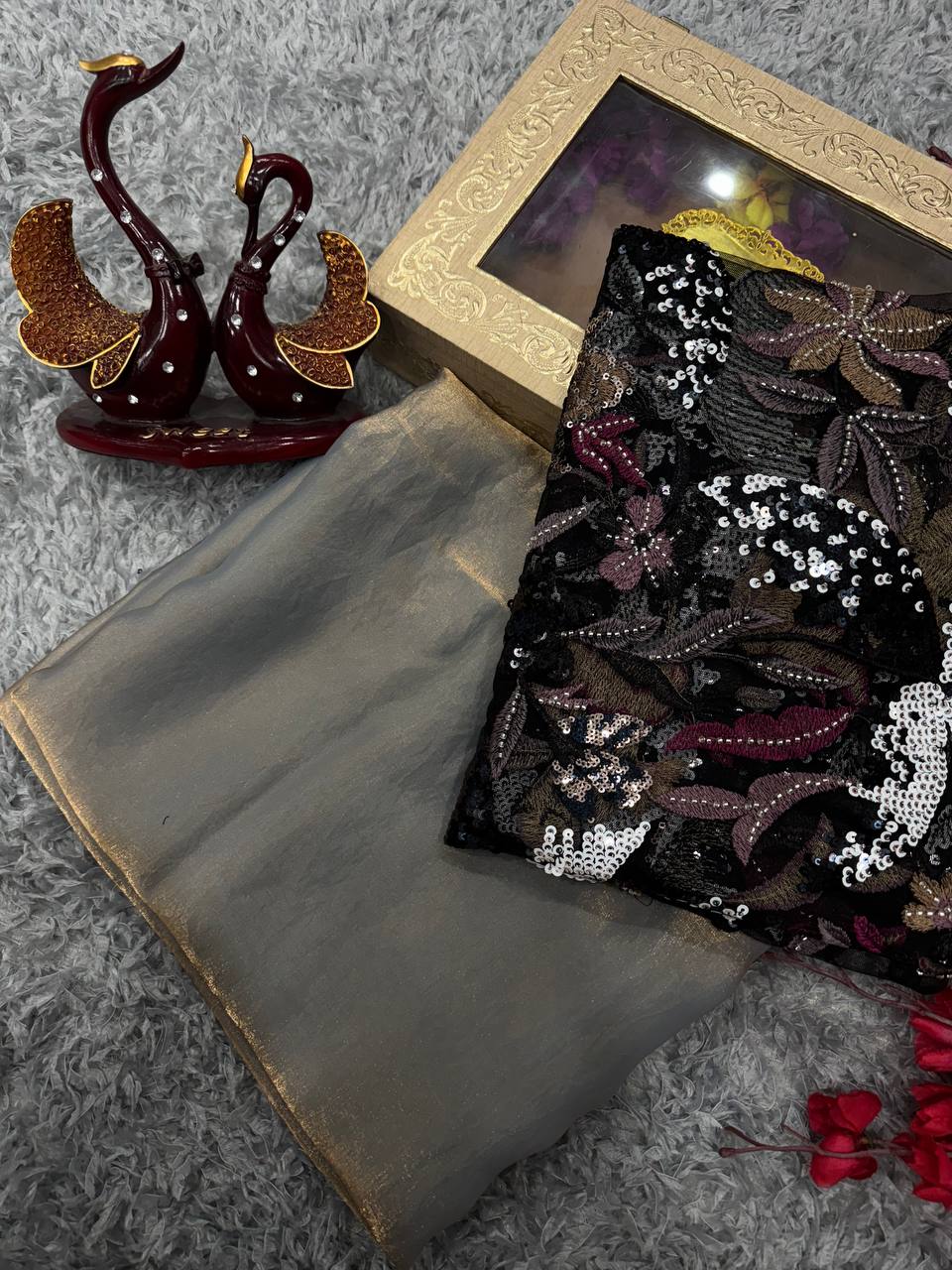 Women's Luxurious Shimmering Grey Organza Saree with Intricately Embroidered Blouse - Perfect for Festive & Evening Wear