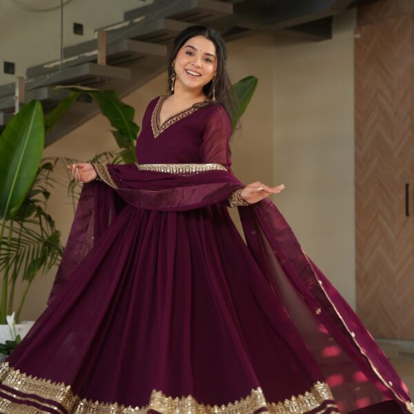 Women's Cotton Embroidered Anarkali Gown with Dupatta β Maroon Festive Wear Set