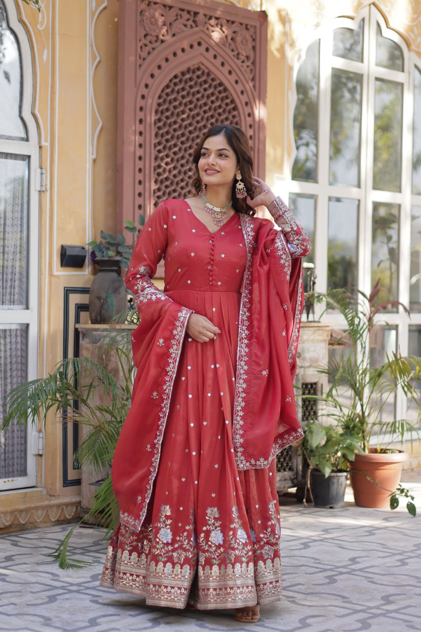 Women's Cotton Embroidered Anarkali Gown With Dupatta Set β Festive Wear - Image 12