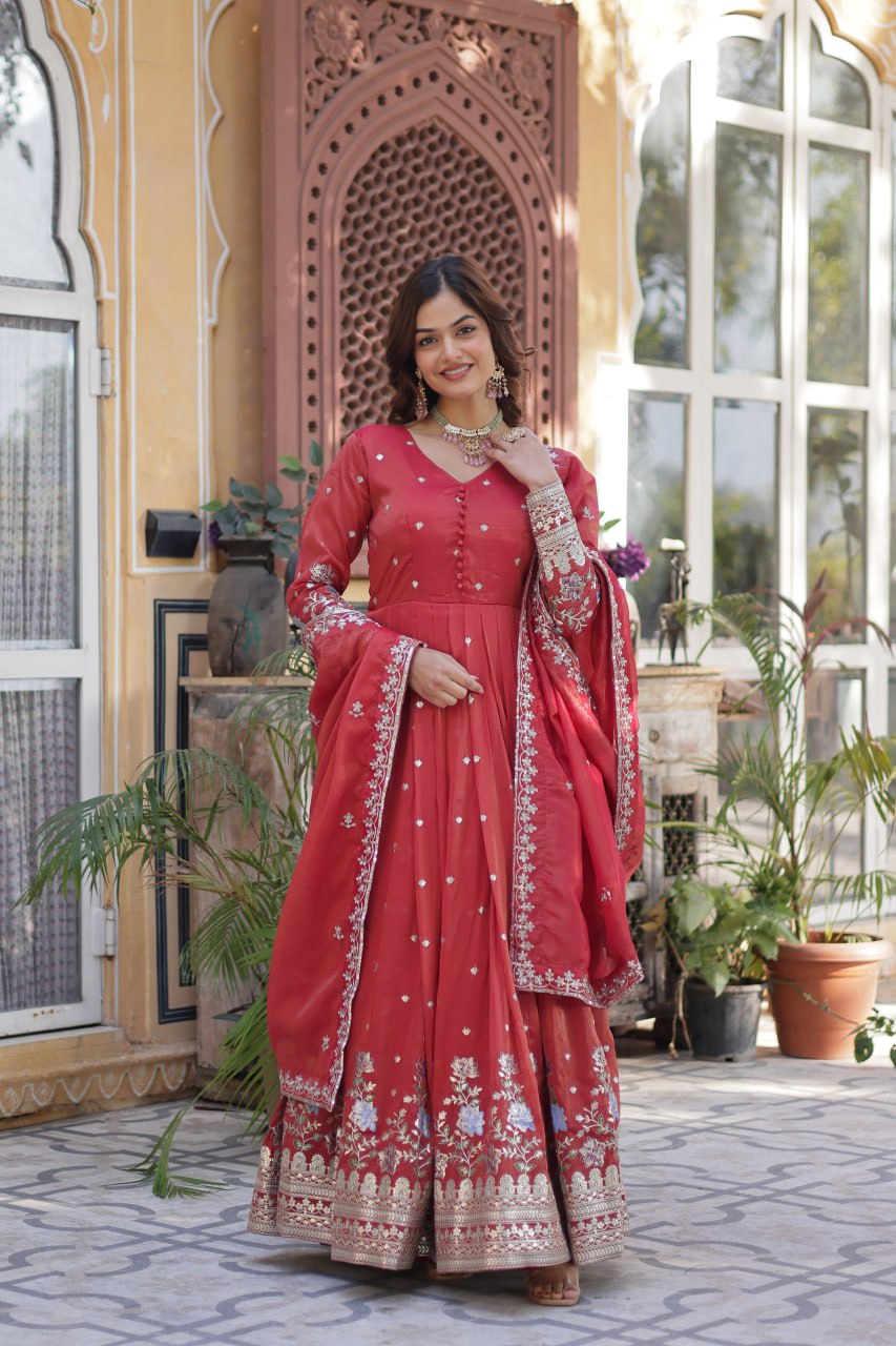 Women's Cotton Embroidered Anarkali Gown With Dupatta Set β Festive Wear - Image 13