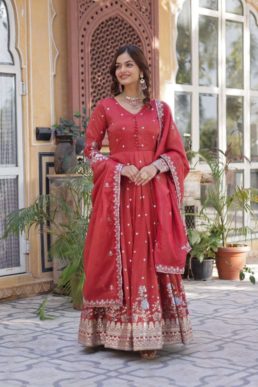 Women's Cotton Embroidered Anarkali Gown With Dupatta Set β Festive Wear - Image 17