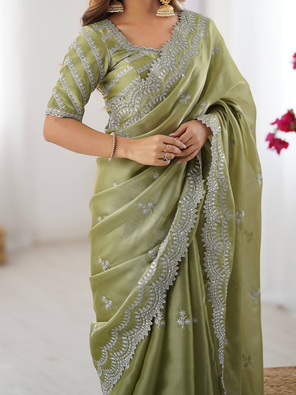 Women's Elegant Regal Purple Georgette Saree with Intricate Silver Thread & Sequin Embroidery – Complete with Embellished Blouse Piece for Festive & Party Wear - Image 15