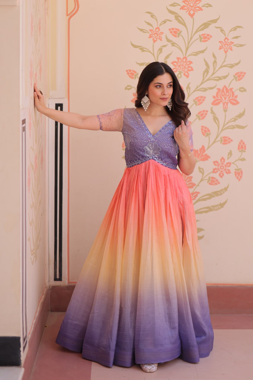 Women's Cotton Ombre Anarkali Gown Dress with Sequin Embroidered Net Sleeves - Image 3