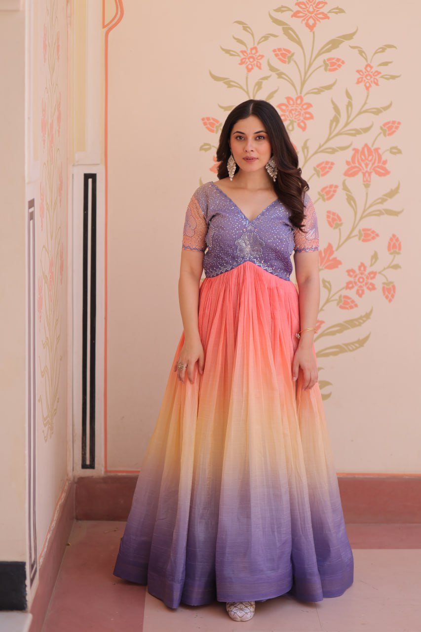 Women's Cotton Ombre Anarkali Gown Dress with Sequin Embroidered Net Sleeves - Image 4