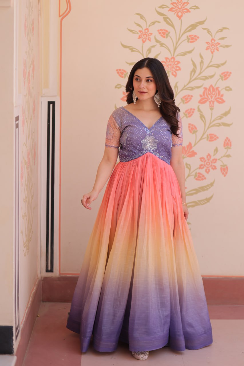 Women's Cotton Ombre Anarkali Gown Dress with Sequin Embroidered Net Sleeves - Image 5