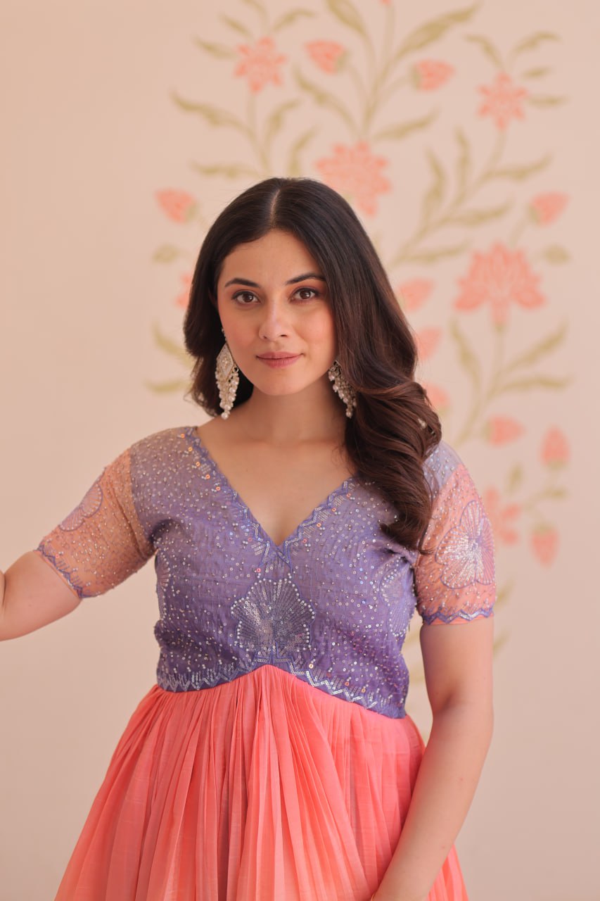 Women's Cotton Ombre Anarkali Gown Dress with Sequin Embroidered Net Sleeves - Image 9