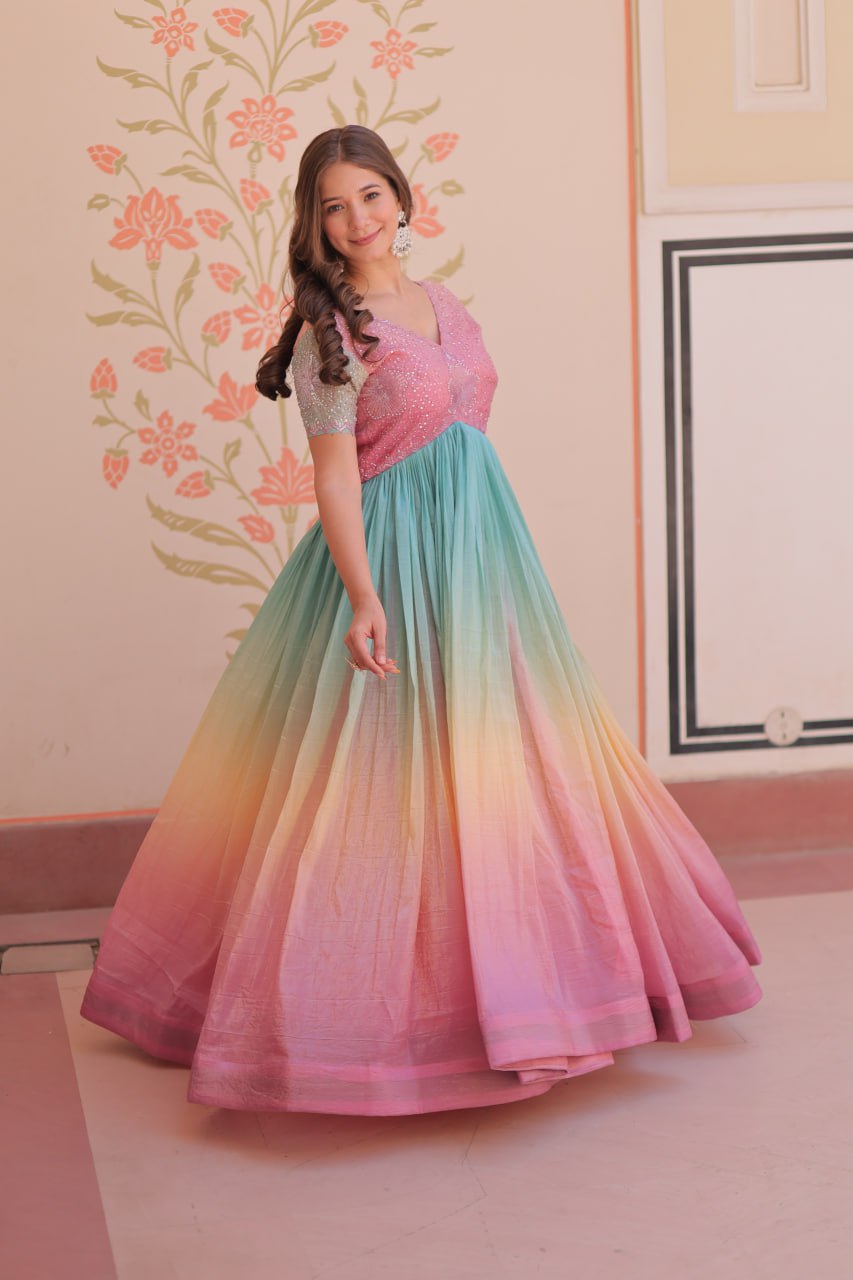 Women's Cotton Ombre Anarkali Gown Dress with Sequin Embroidered Net Sleeves - Image 21