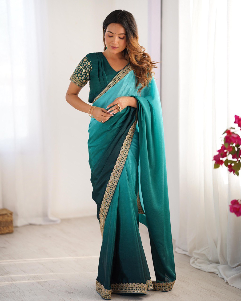 Women's Elegant Ombre Green Georgette Saree with Intricate Golden Zari & Stone Embellishments β Complete with Heavily Worked Blouse for Festive & Wedding Wear - Image 15