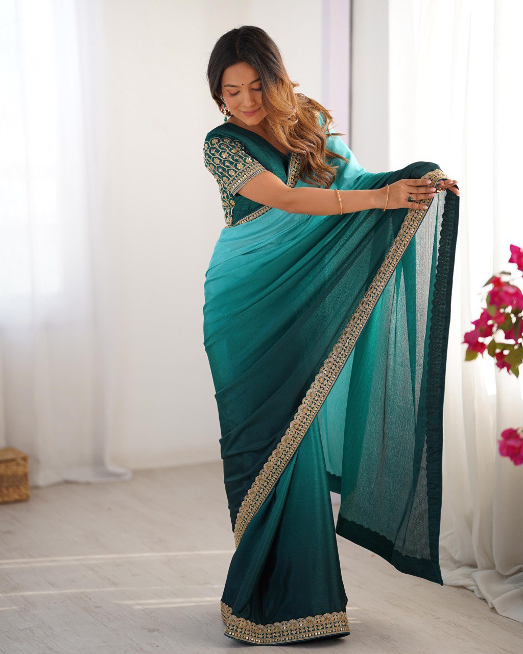 Women's Elegant Ombre Green Georgette Saree with Intricate Golden Zari & Stone Embellishments β Complete with Heavily Worked Blouse for Festive & Wedding Wear - Image 13