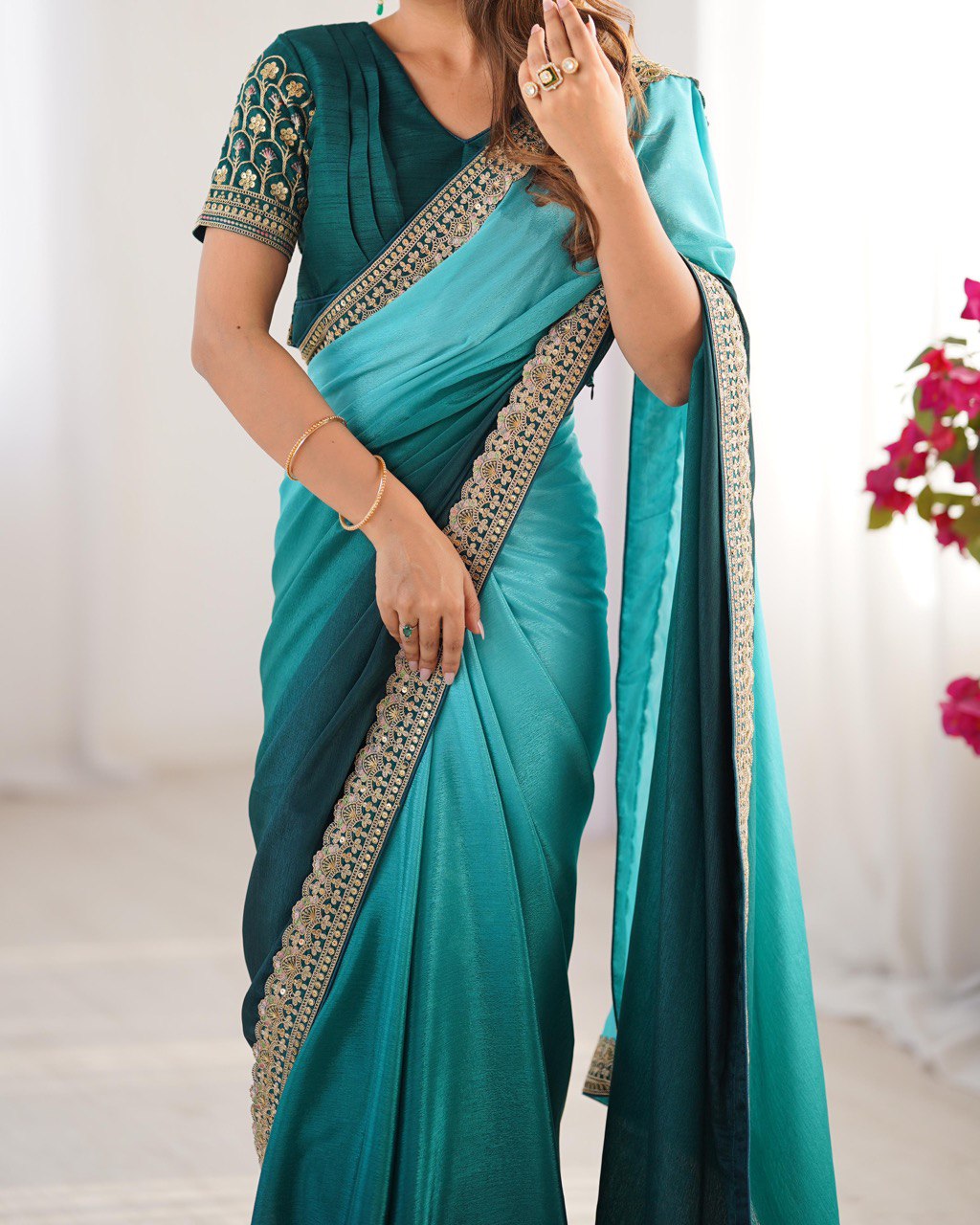 Women's Elegant Ombre Green Georgette Saree with Intricate Golden Zari & Stone Embellishments β Complete with Heavily Worked Blouse for Festive & Wedding Wear - Image 11