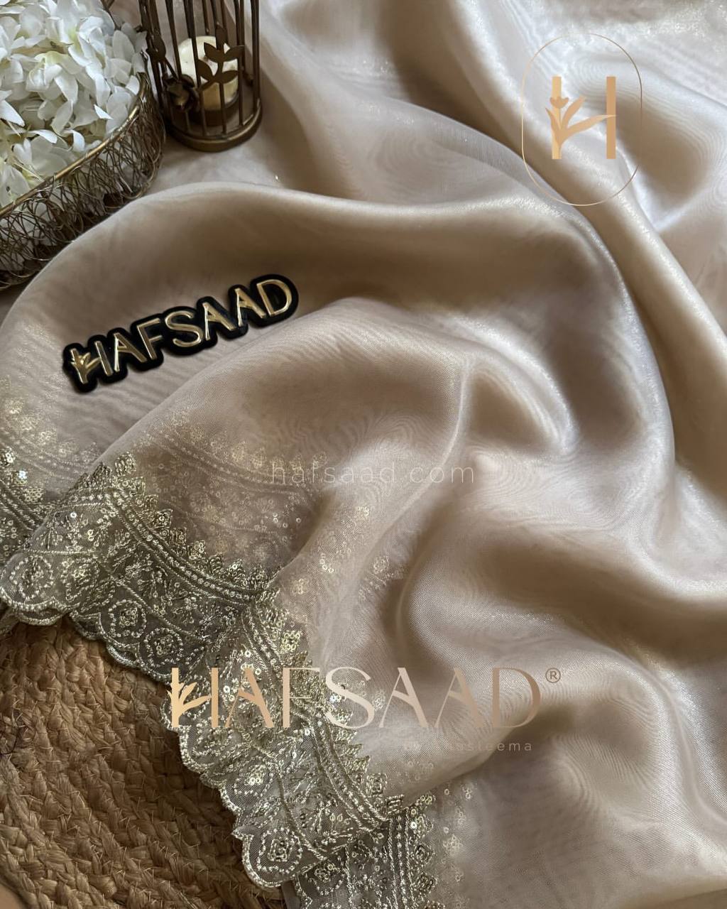 Luxurious Ivory Organza Dupatta with Heavy Golden Sequin & Zari Cutwork Border β Perfect for Weddings & Festive Layering - Image 7