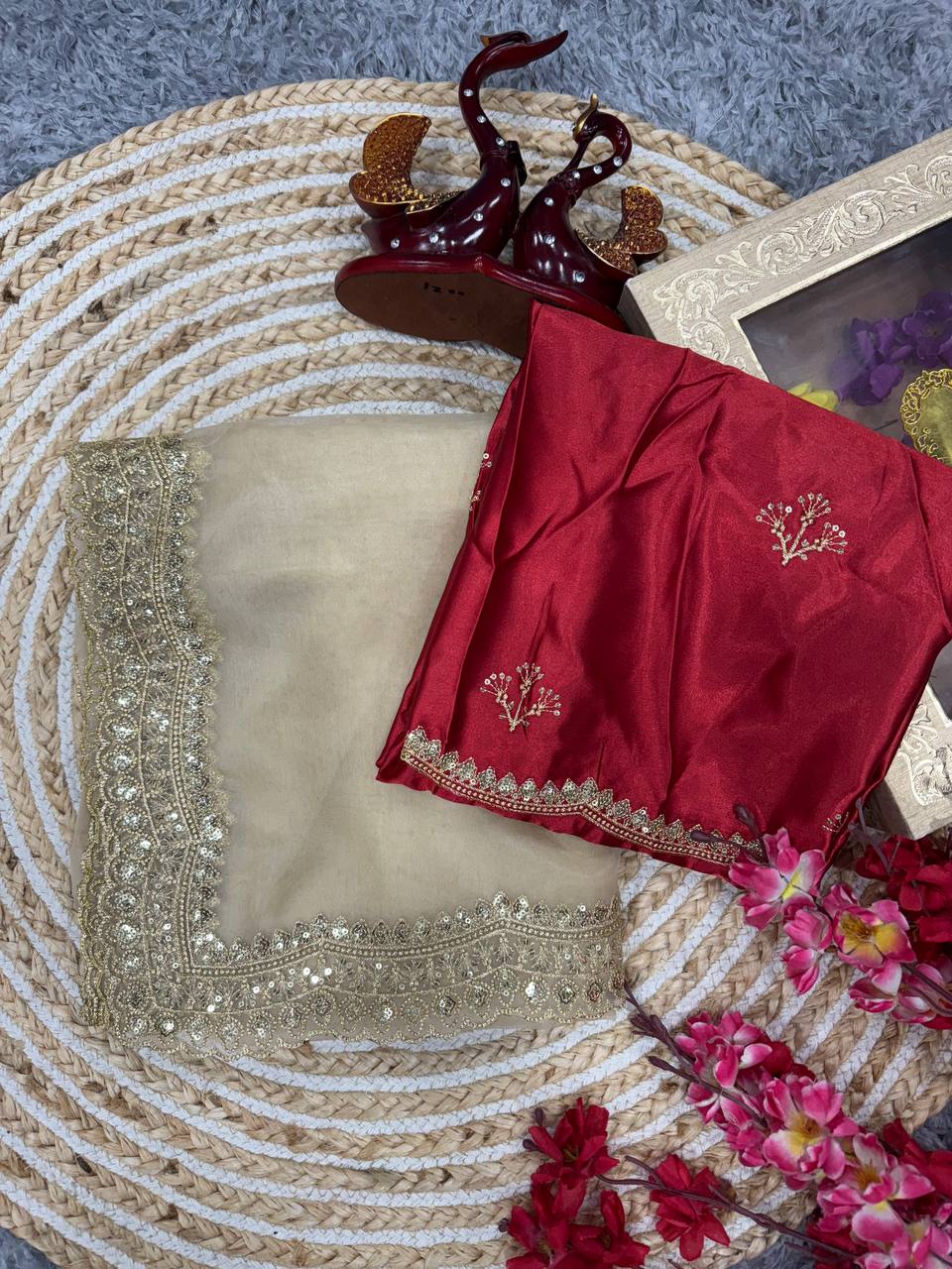 Luxurious Ivory Organza Dupatta with Heavy Golden Sequin & Zari Cutwork Border β Perfect for Weddings & Festive Layering - Image 4